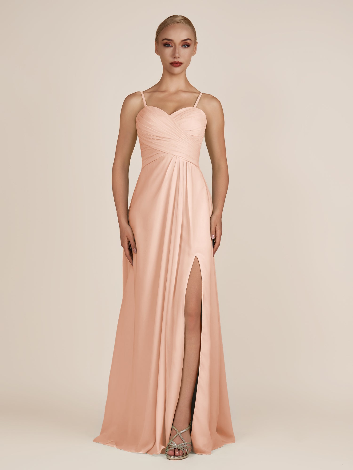 KissDress-Ysolina English Rose A Line Sweetheart Chiffon Pleated Long Bridesmaid Dress with Slit