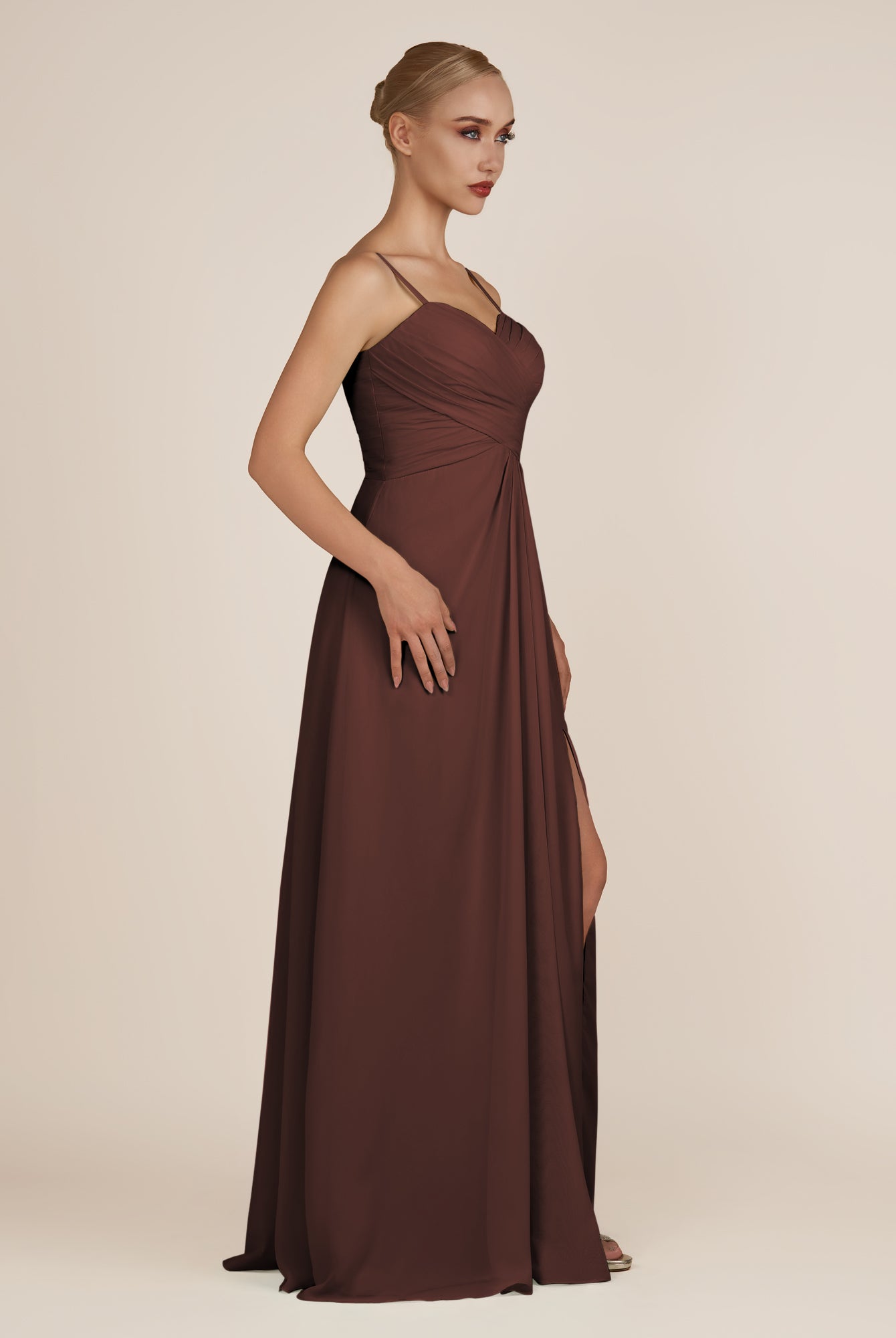 KissDress-Ysolina Espresso A Line Sweetheart Chiffon Pleated Long Bridesmaid Dress with Slit
