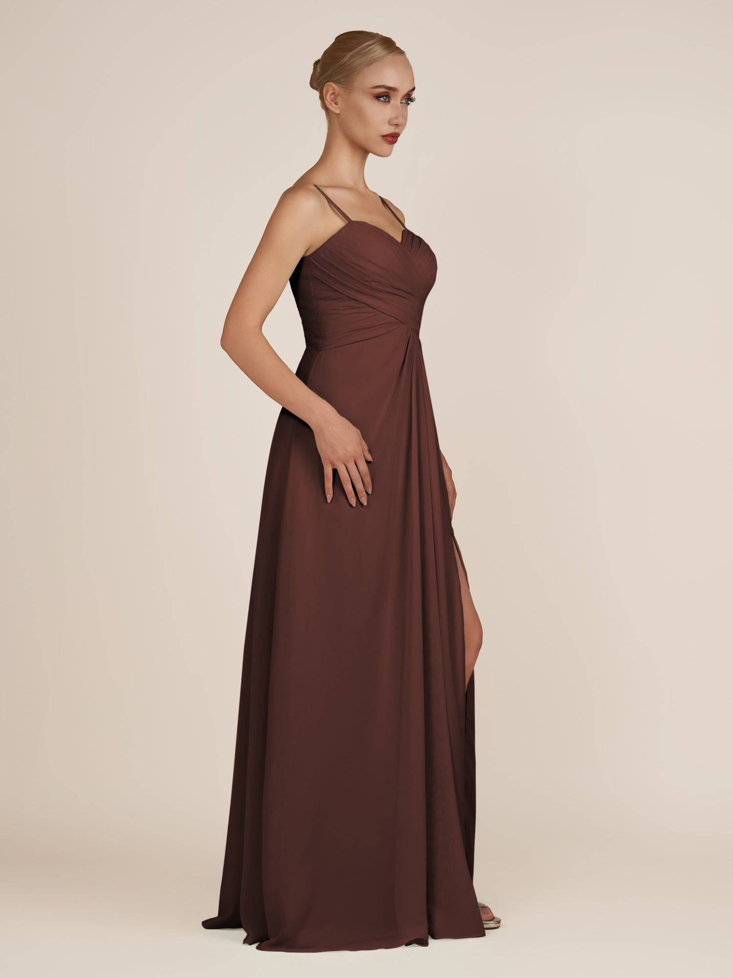 KissDress-Ysolina Espresso A Line Sweetheart Chiffon Pleated Long Bridesmaid Dress with Slit