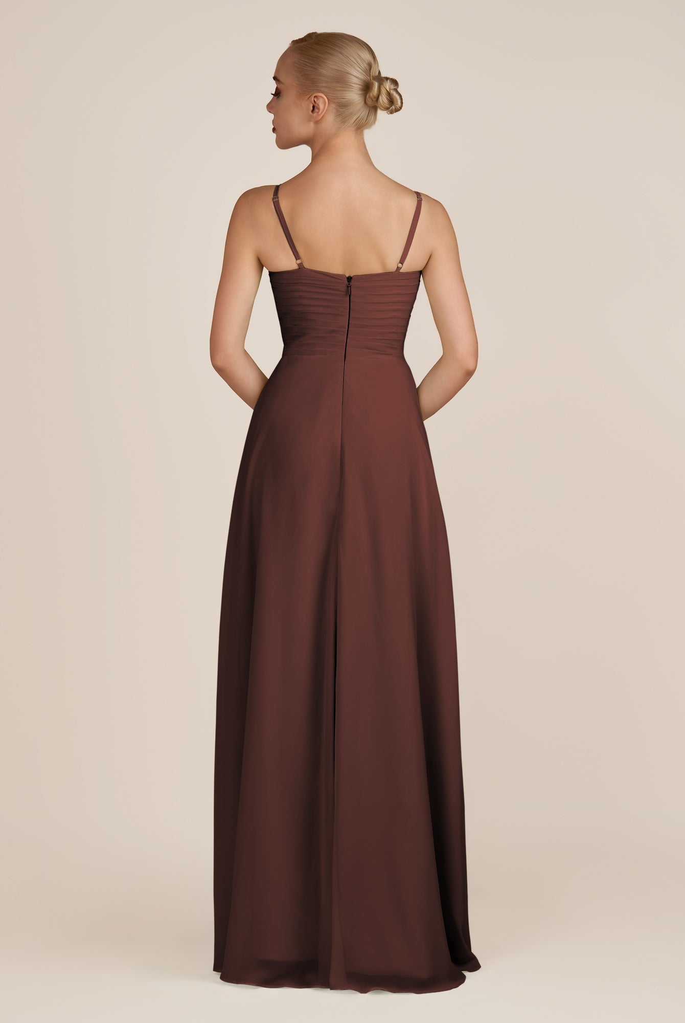 KissDress-Ysolina Espresso A Line Sweetheart Chiffon Pleated Long Bridesmaid Dress with Slit