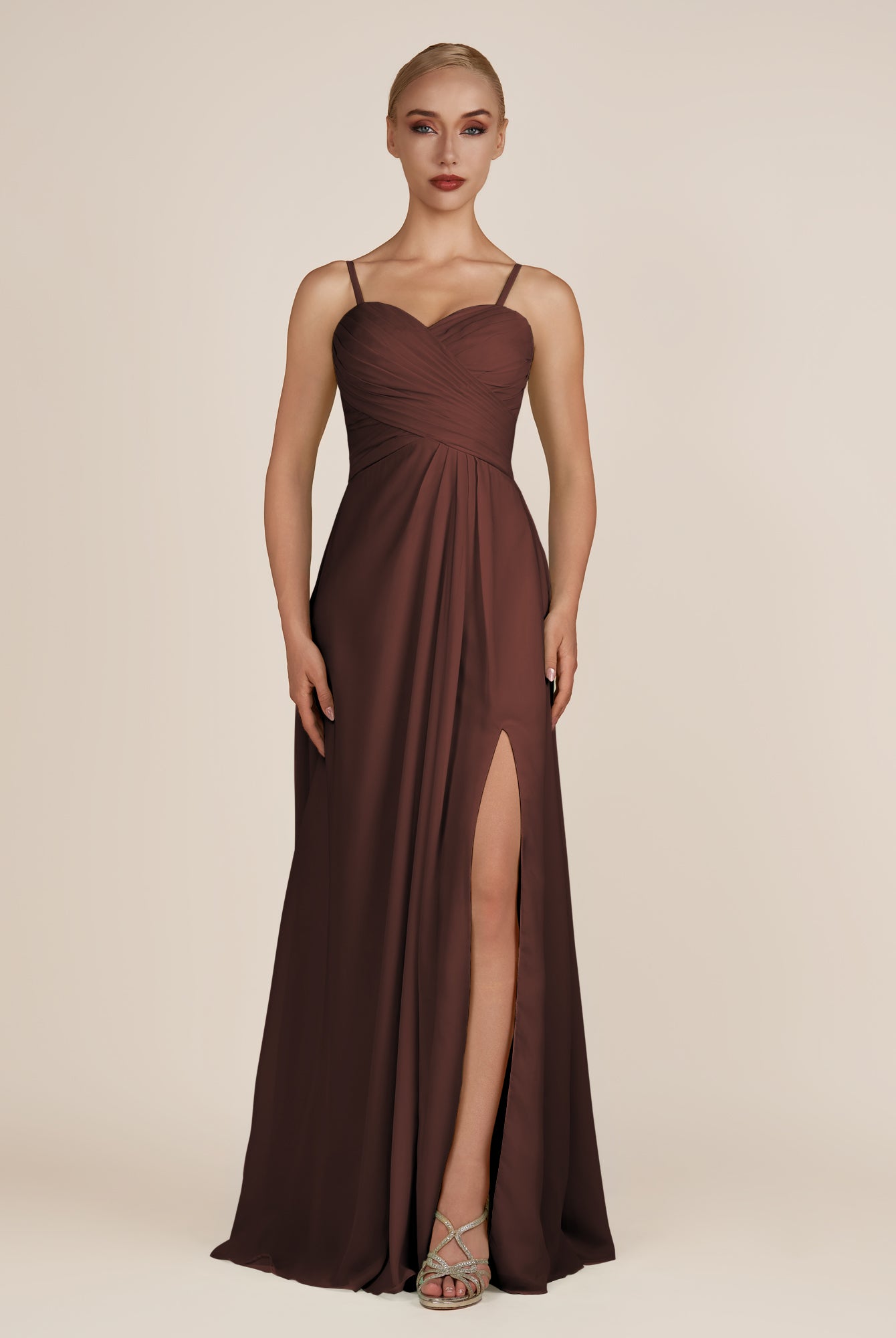 KissDress-Ysolina Espresso A Line Sweetheart Chiffon Pleated Long Bridesmaid Dress with Slit