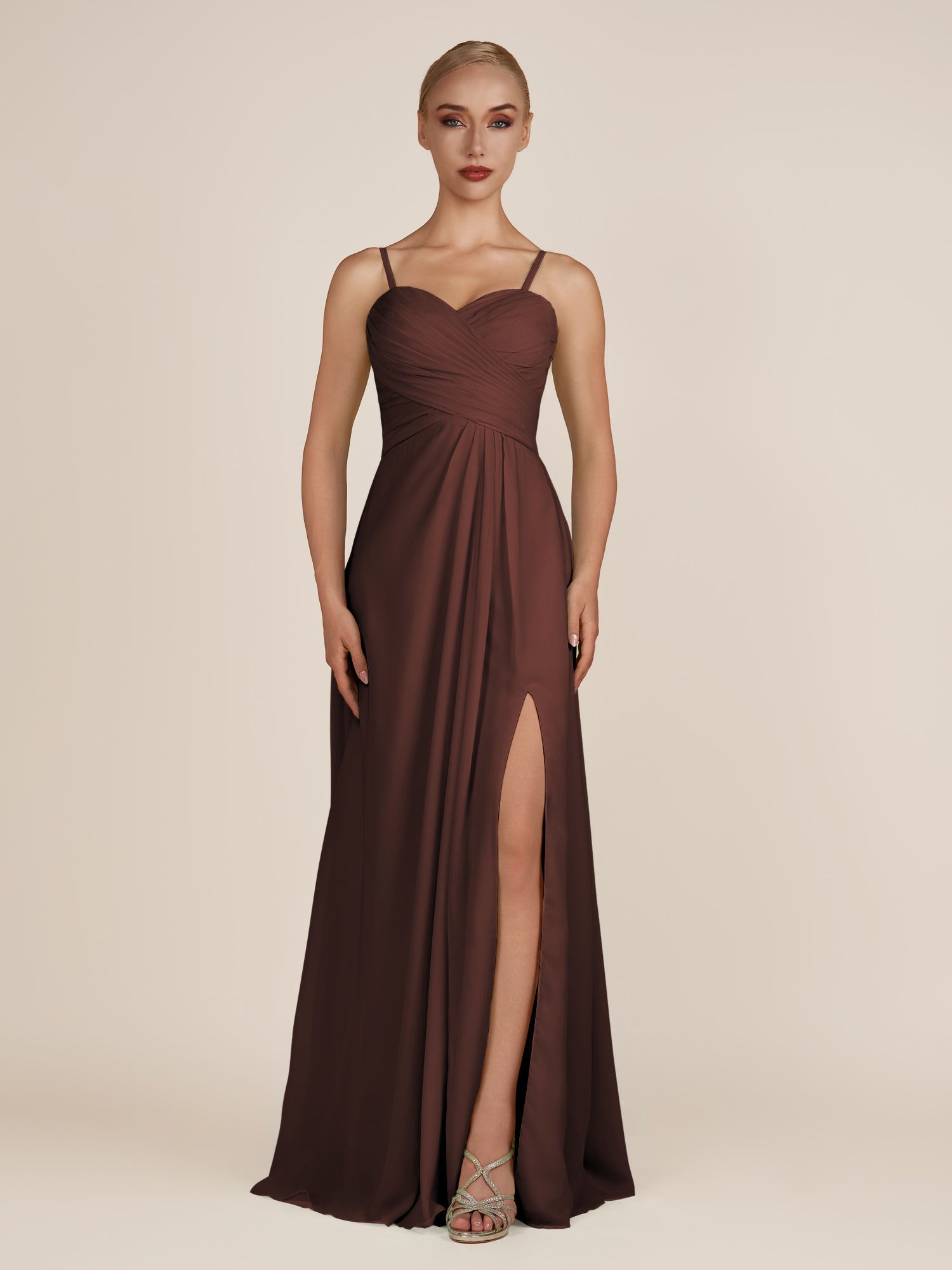 KissDress-Ysolina Espresso A Line Sweetheart Chiffon Pleated Long Bridesmaid Dress with Slit