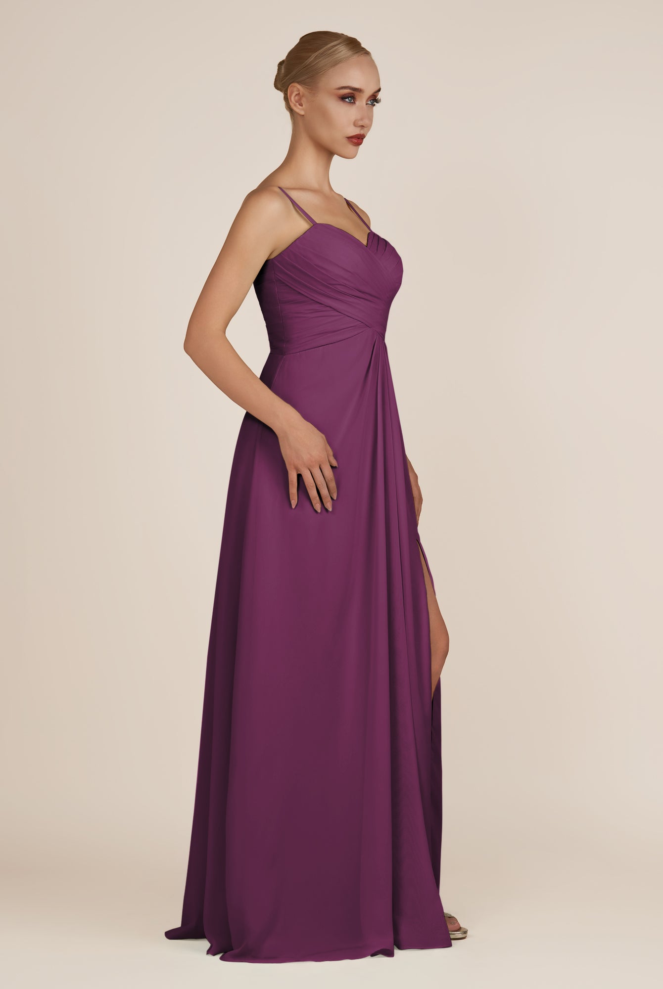 KissDress-Ysolina Fig A Line Sweetheart Chiffon Pleated Long Bridesmaid Dress with Slit