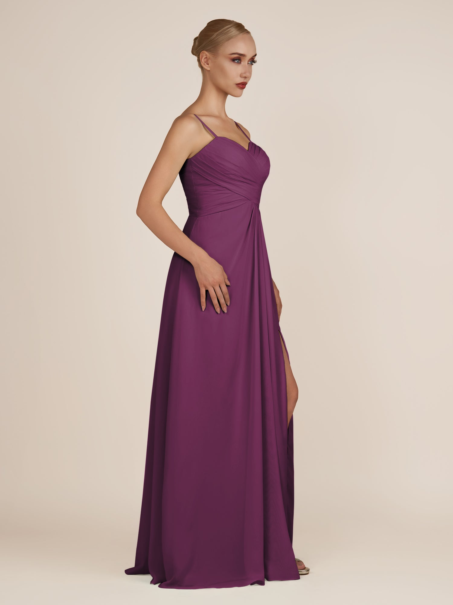KissDress-Ysolina Fig A Line Sweetheart Chiffon Pleated Long Bridesmaid Dress with Slit