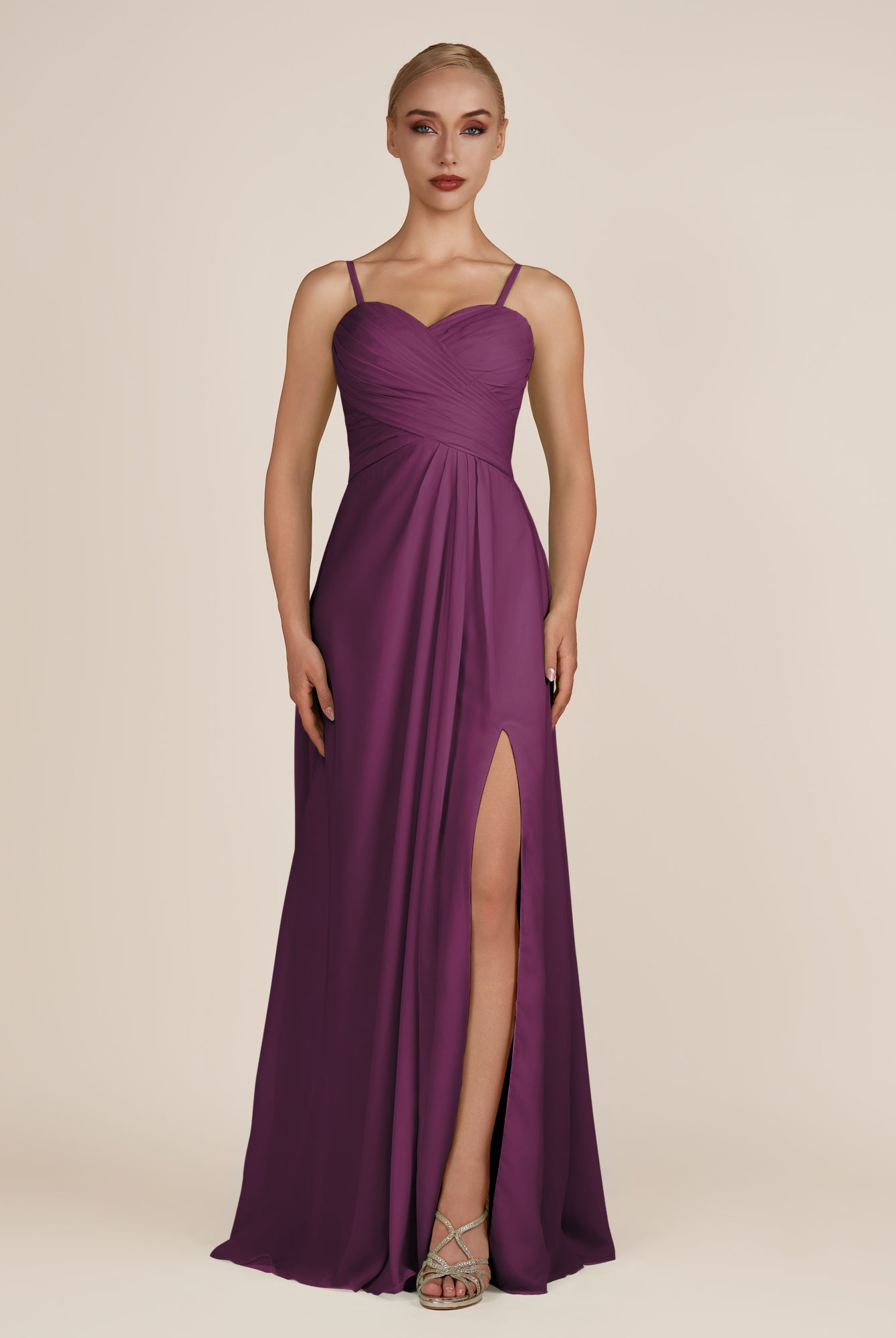 KissDress-Ysolina Fig A Line Sweetheart Chiffon Pleated Long Bridesmaid Dress with Slit