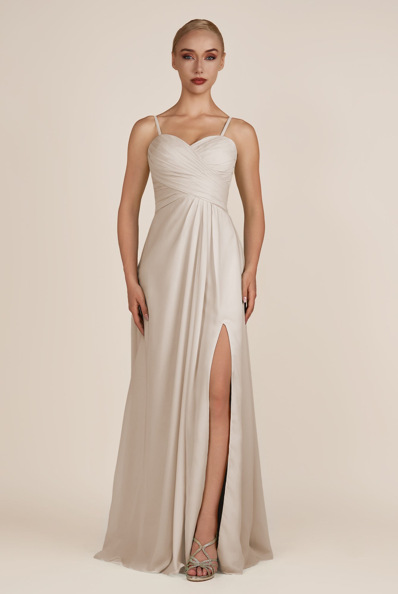 KissDress-Ysolina Frost A Line Sweetheart Chiffon Pleated Long Bridesmaid Dress with Slit