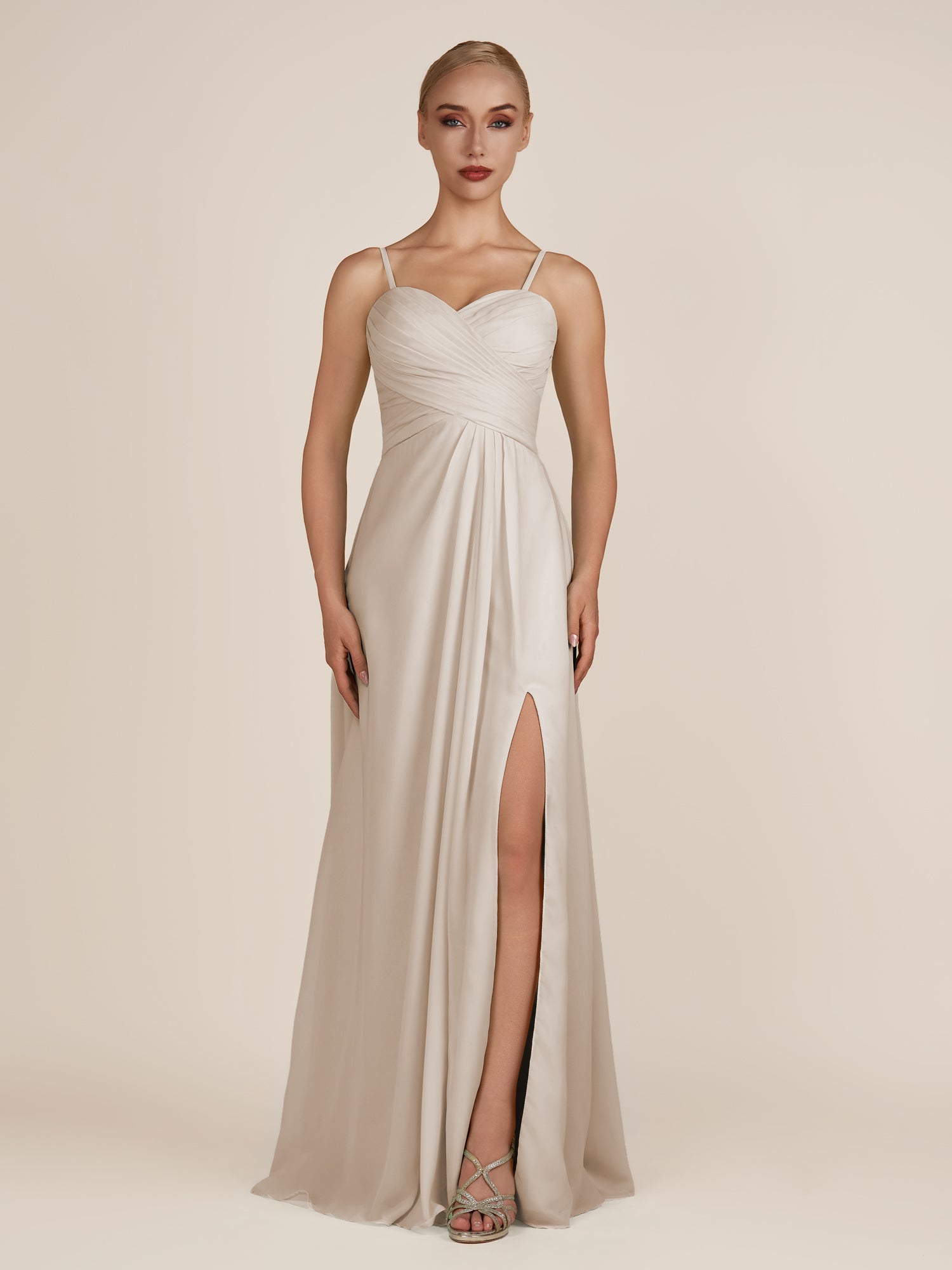 KissDress-Ysolina Frost A Line Sweetheart Chiffon Pleated Long Bridesmaid Dress with Slit
