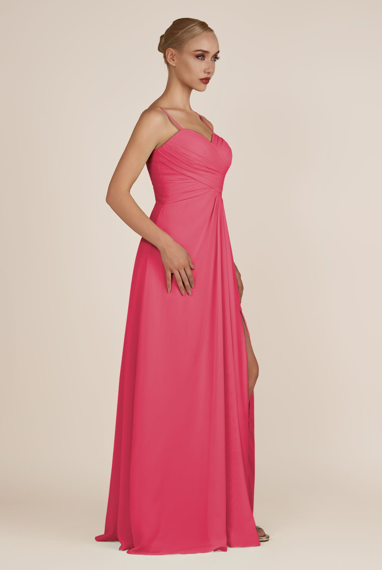 KissDress-Ysolina Fuchsia A Line Sweetheart Chiffon Pleated Long Bridesmaid Dress with Slit