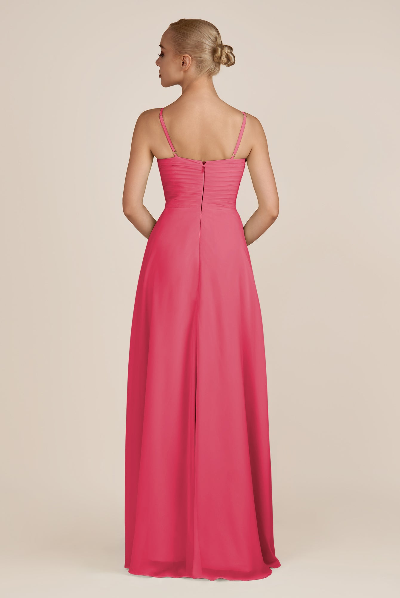 KissDress-Ysolina Fuchsia A Line Sweetheart Chiffon Pleated Long Bridesmaid Dress with Slit