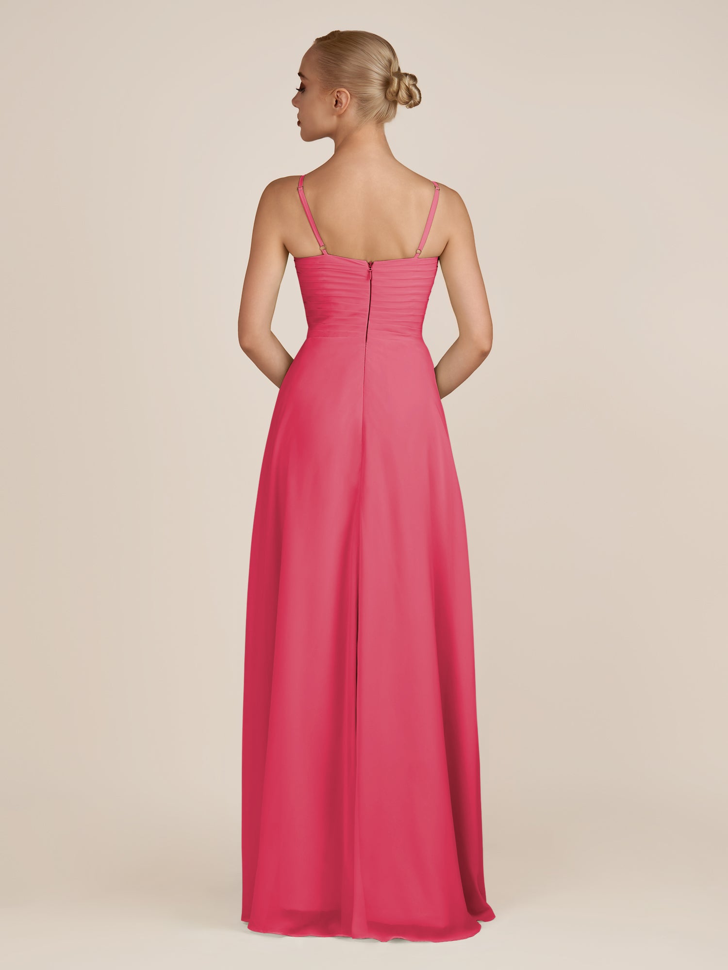 KissDress-Ysolina Fuchsia A Line Sweetheart Chiffon Pleated Long Bridesmaid Dress with Slit