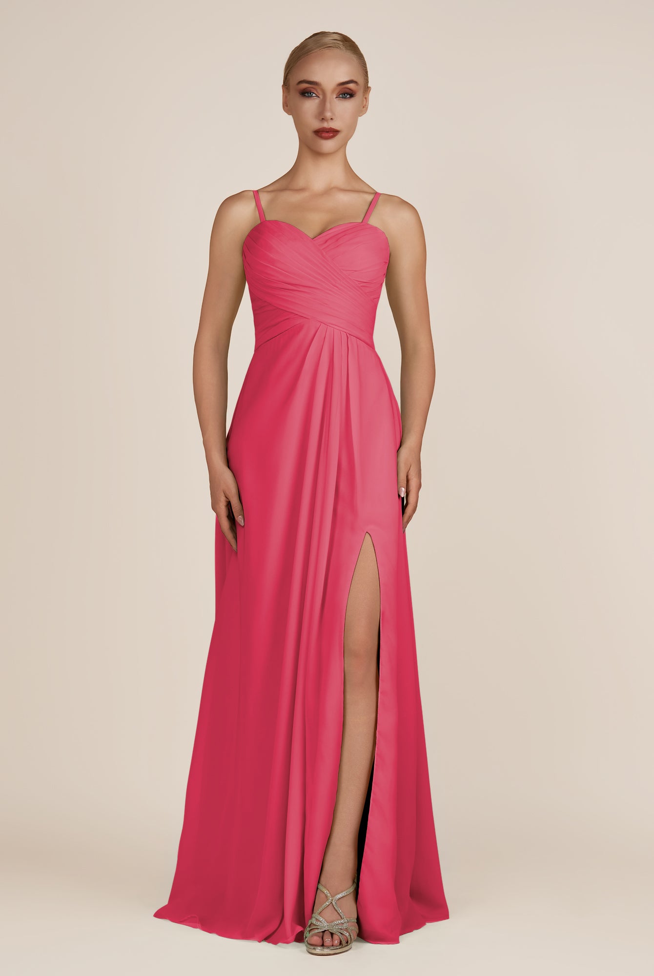 KissDress-Ysolina Fuchsia A Line Sweetheart Chiffon Pleated Long Bridesmaid Dress with Slit