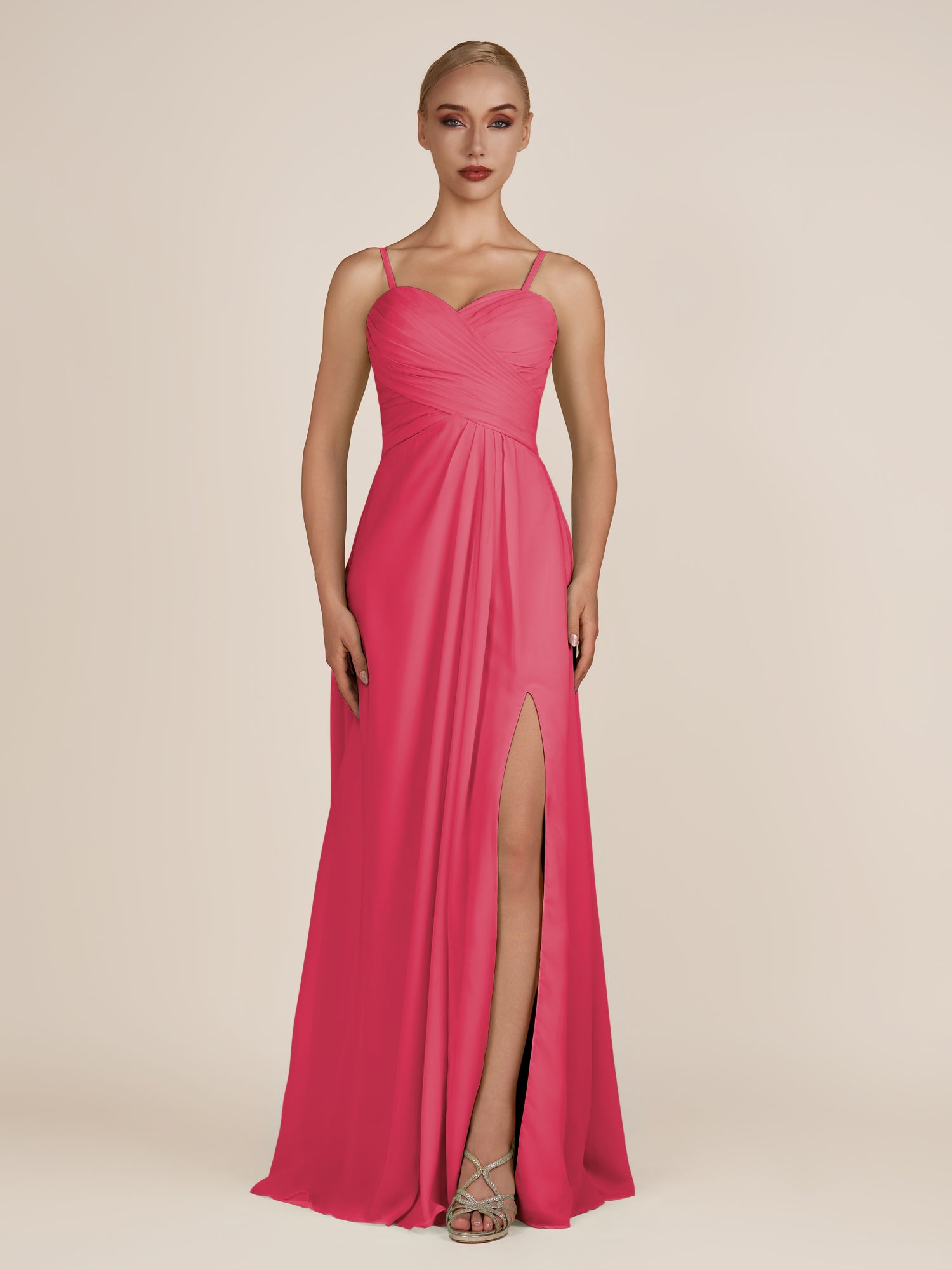 KissDress-Ysolina Fuchsia A Line Sweetheart Chiffon Pleated Long Bridesmaid Dress with Slit
