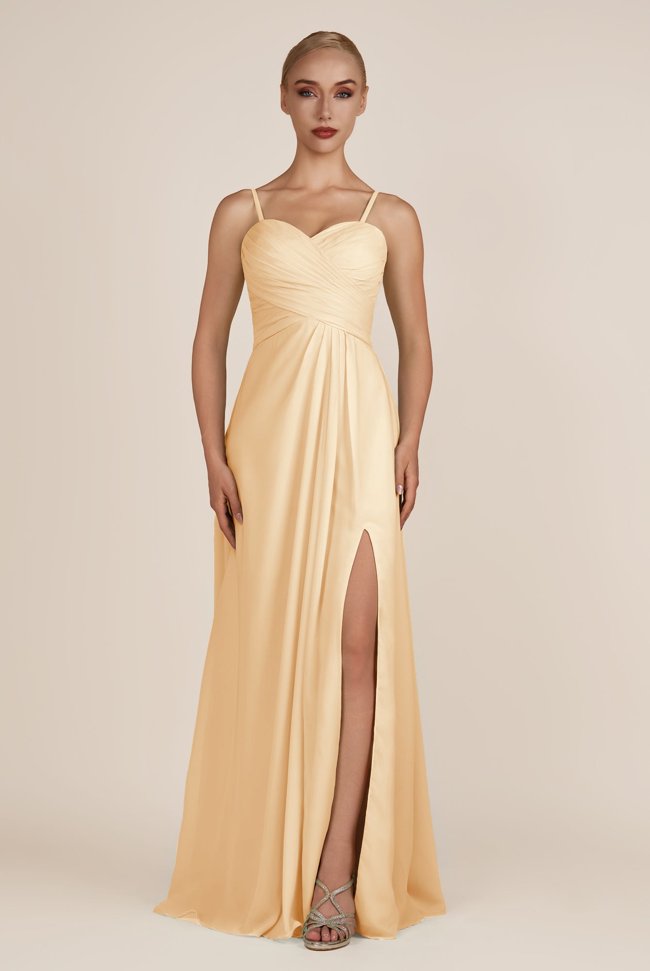 KissDress-Ysolina Golden Champagne A Line Sweetheart Chiffon Pleated Long Bridesmaid Dress with Slit