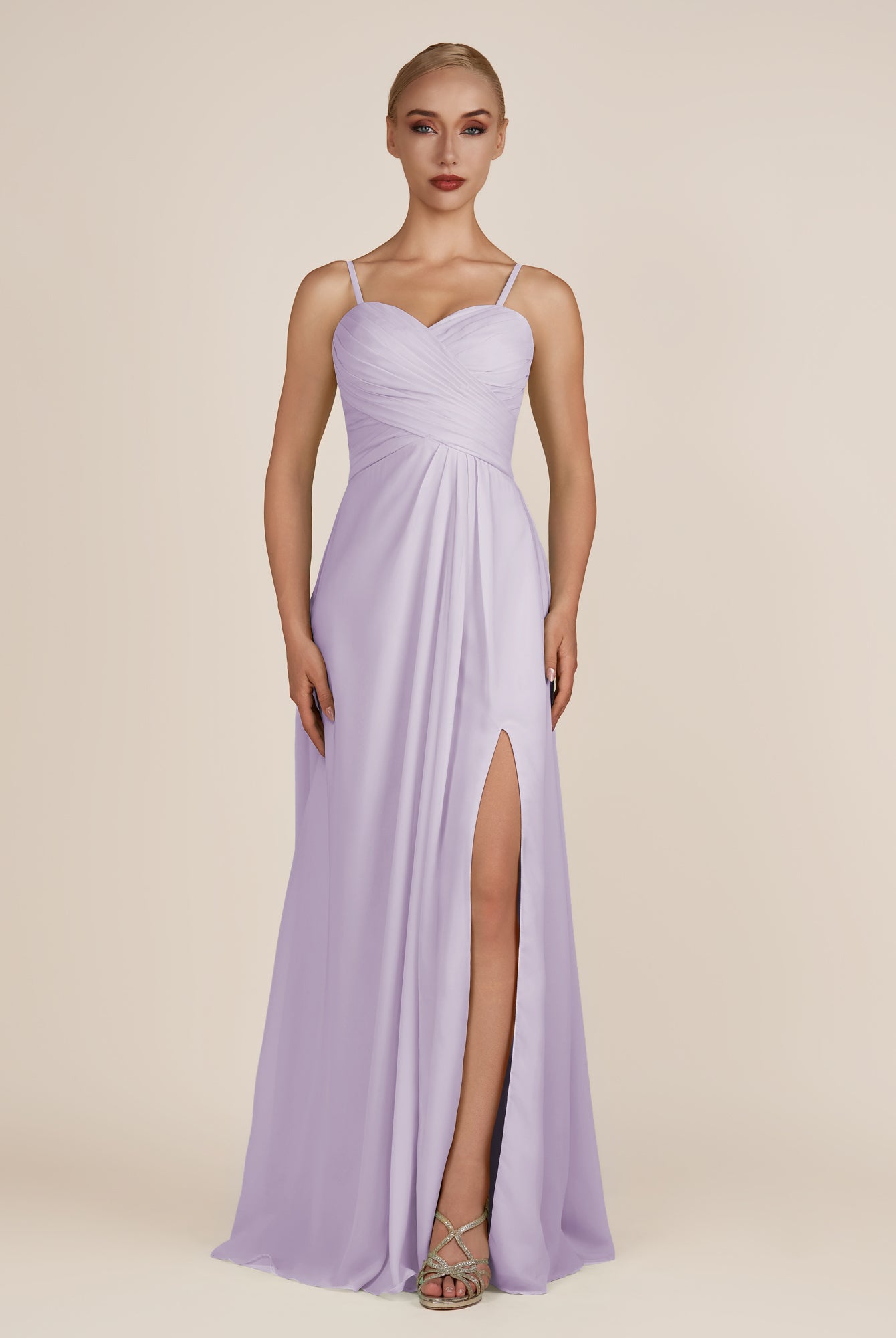 KissDress-Ysolina Lavender A Line Sweetheart Chiffon Pleated Long Bridesmaid Dress with Slit