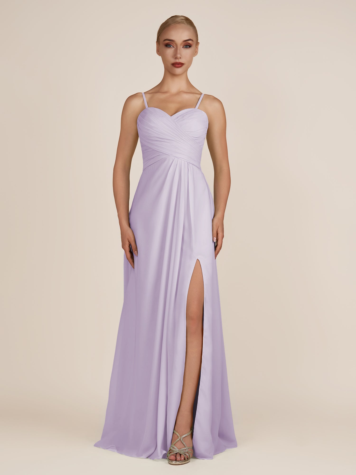 KissDress-Ysolina Lavender A Line Sweetheart Chiffon Pleated Long Bridesmaid Dress with Slit