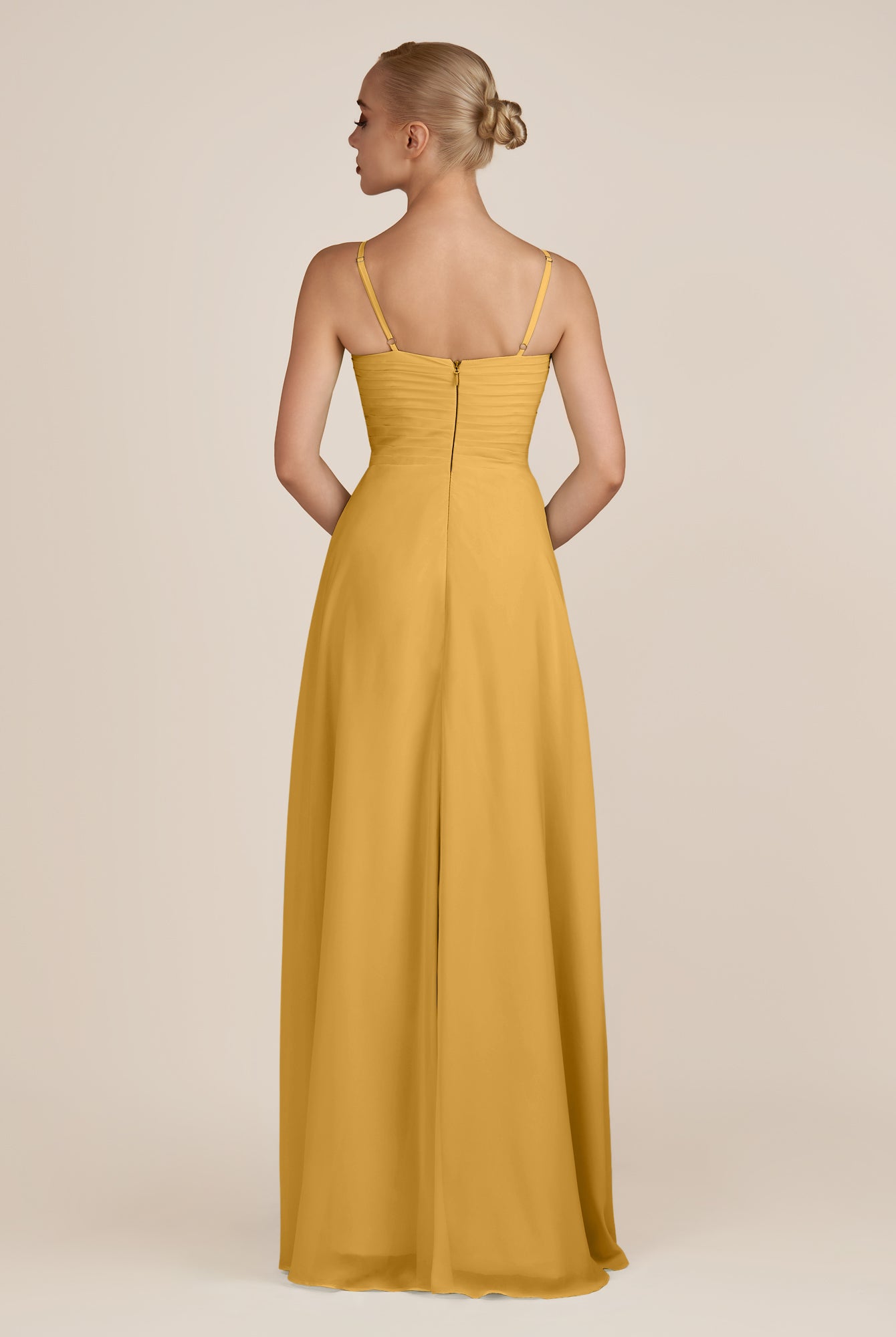 KissDress-Ysolina Marigold A Line Sweetheart Chiffon Pleated Long Bridesmaid Dress with Slit