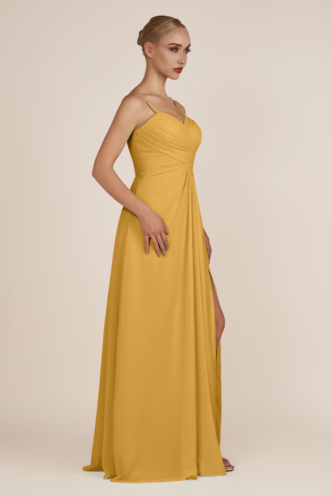 KissDress-Ysolina Marigold A Line Sweetheart Chiffon Pleated Long Bridesmaid Dress with Slit