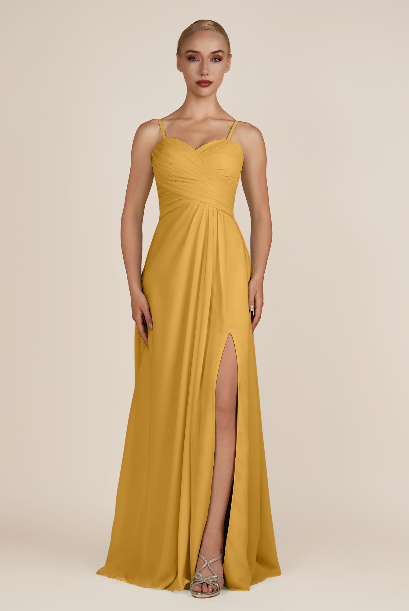 KissDress-Ysolina Marigold A Line Sweetheart Chiffon Pleated Long Bridesmaid Dress with Slit