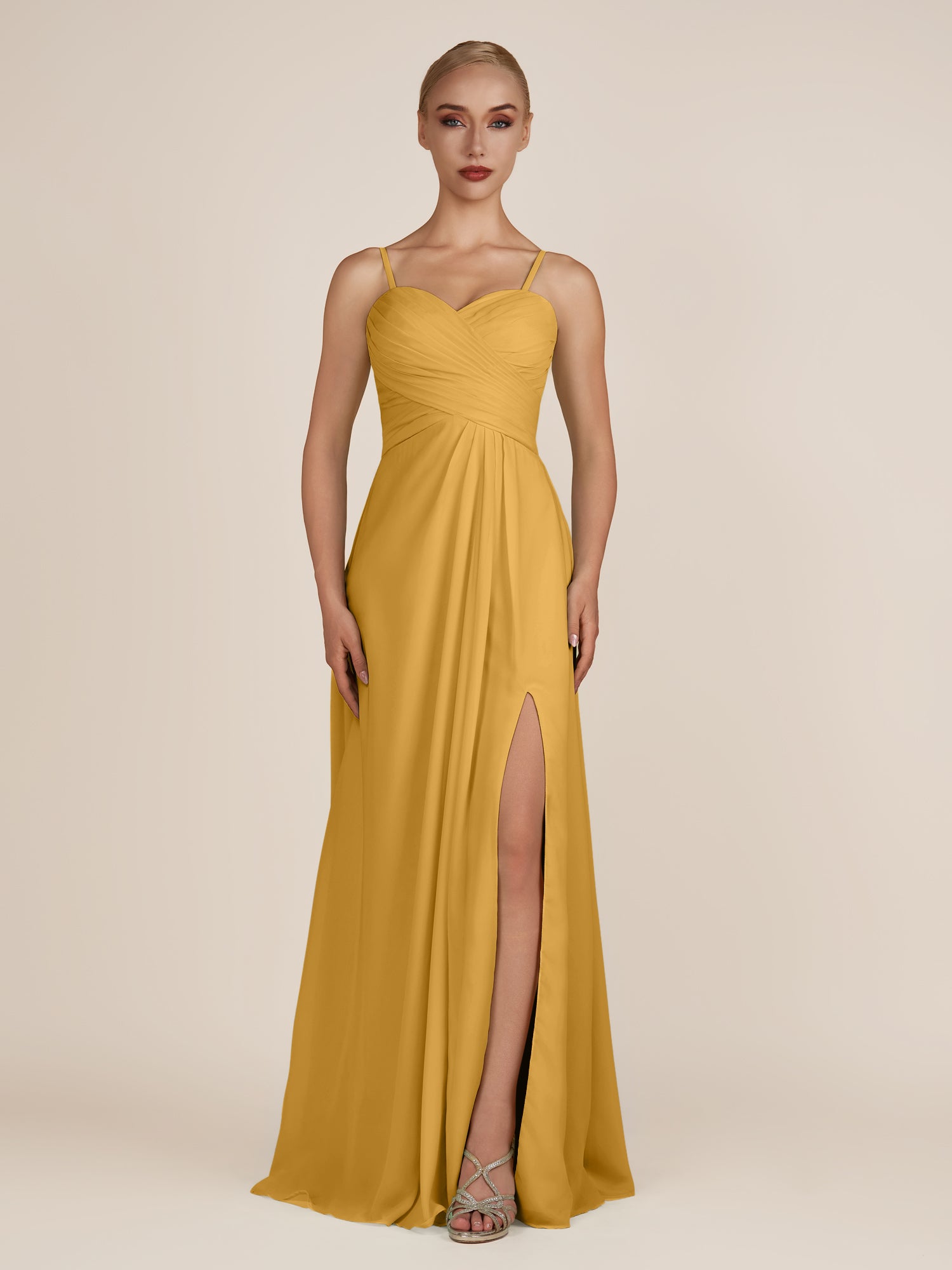 KissDress-Ysolina Marigold A Line Sweetheart Chiffon Pleated Long Bridesmaid Dress with Slit