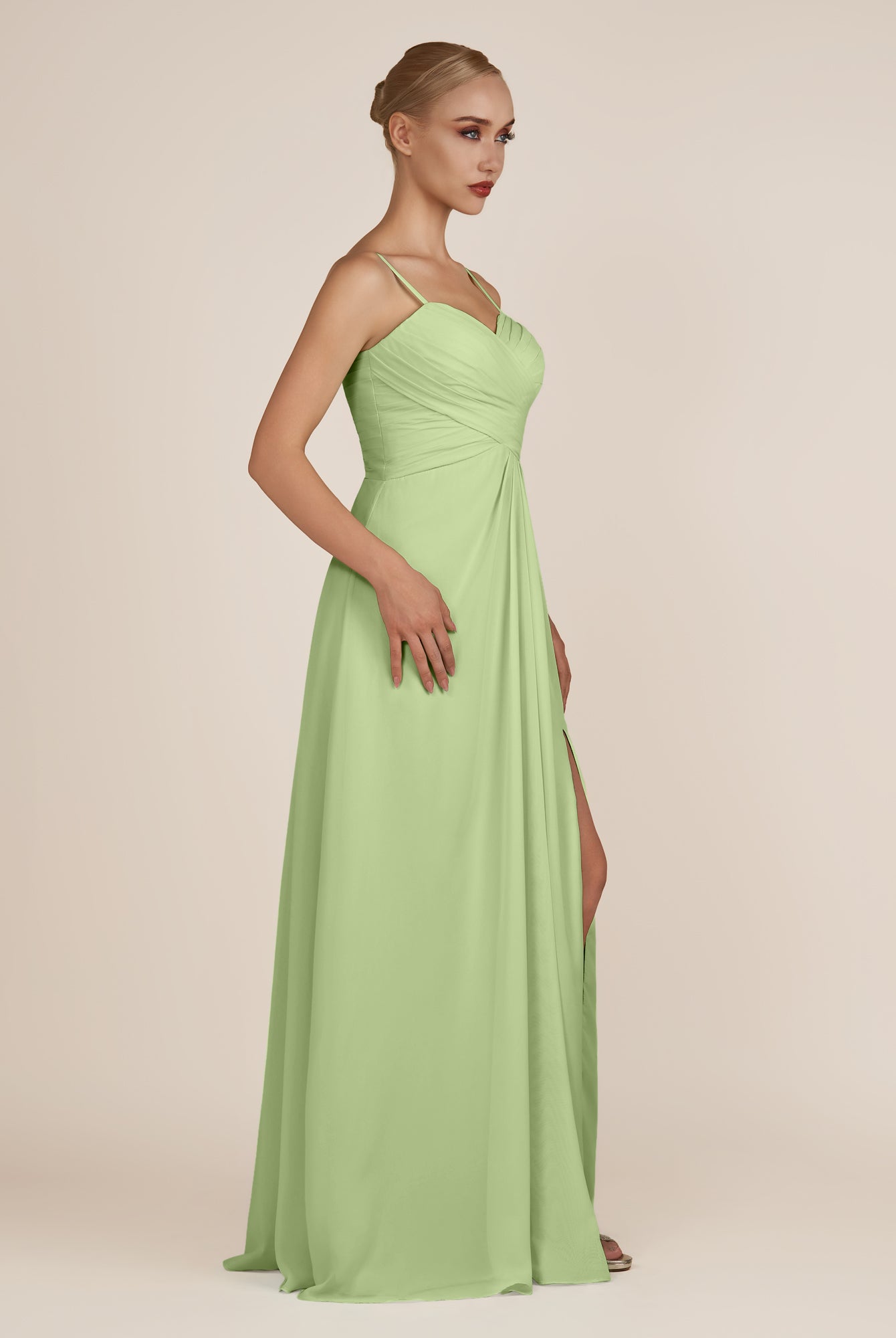 KissDress-Ysolina Matcha A Line Sweetheart Chiffon Pleated Long Bridesmaid Dress with Slit