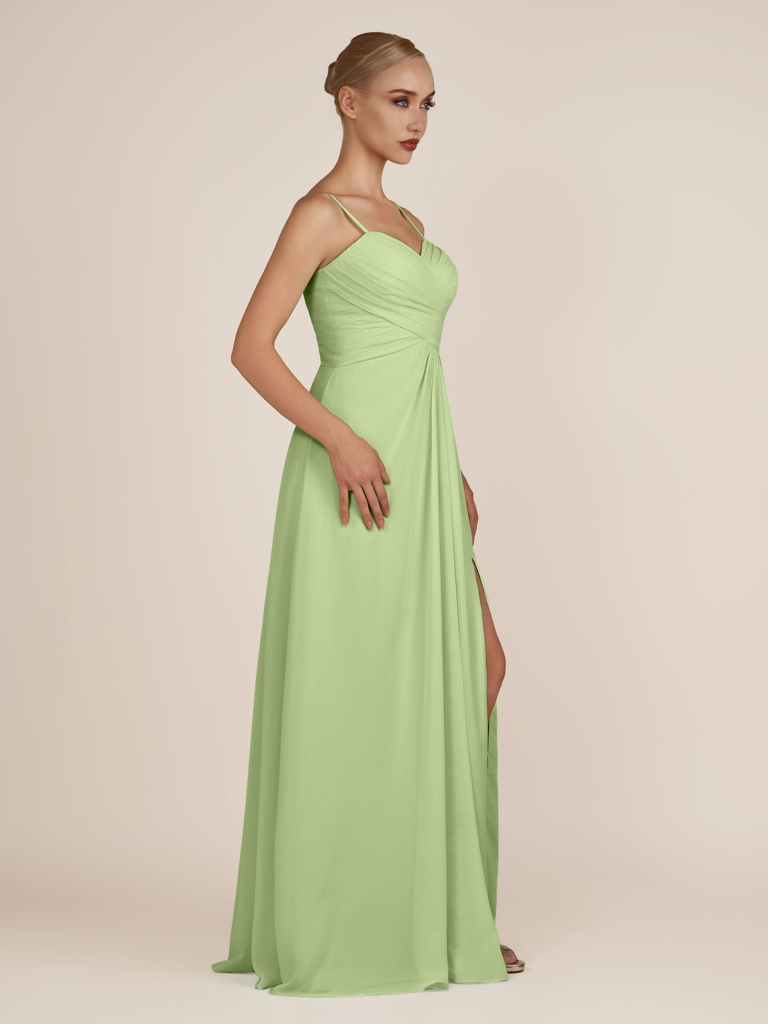 KissDress-Ysolina Matcha A Line Sweetheart Chiffon Pleated Long Bridesmaid Dress with Slit