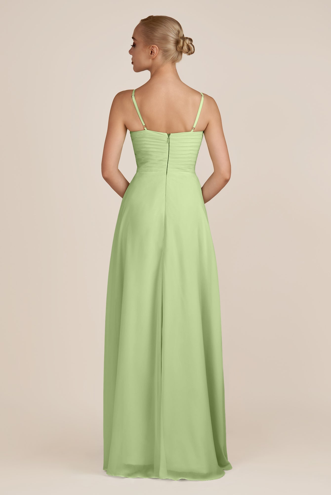 KissDress-Ysolina Matcha A Line Sweetheart Chiffon Pleated Long Bridesmaid Dress with Slit