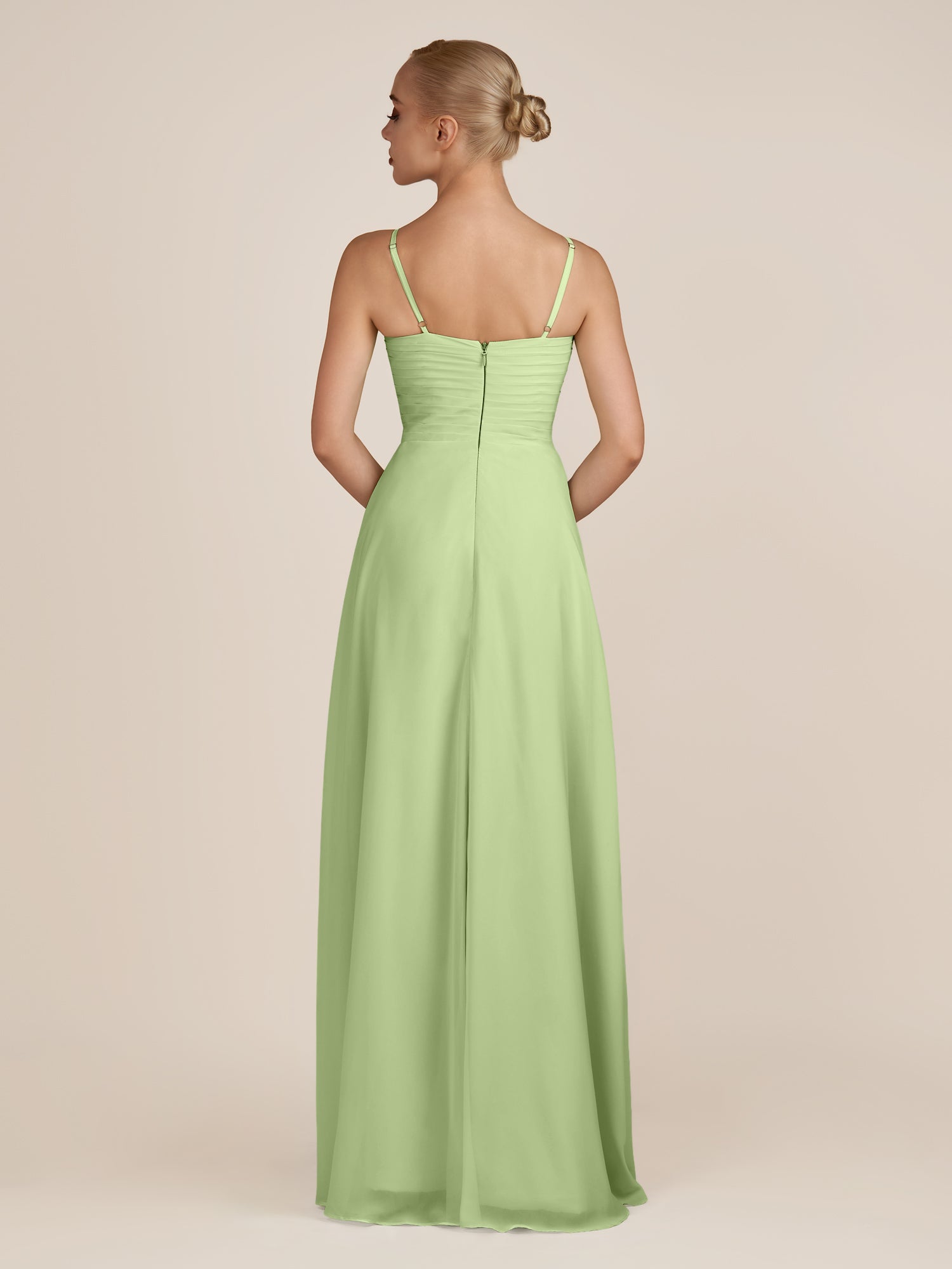 KissDress-Ysolina Matcha A Line Sweetheart Chiffon Pleated Long Bridesmaid Dress with Slit