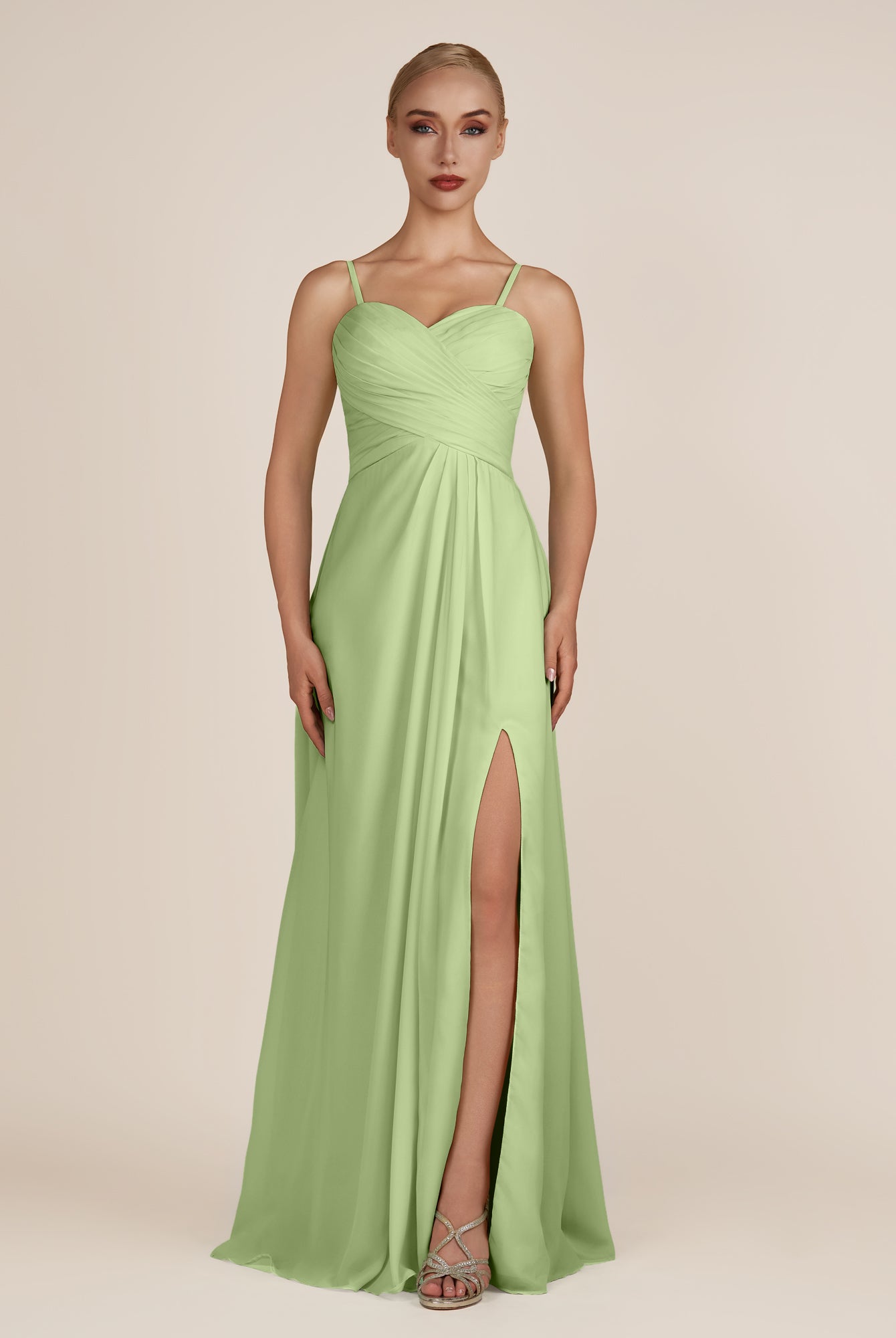 KissDress-Ysolina Matcha A Line Sweetheart Chiffon Pleated Long Bridesmaid Dress with Slit