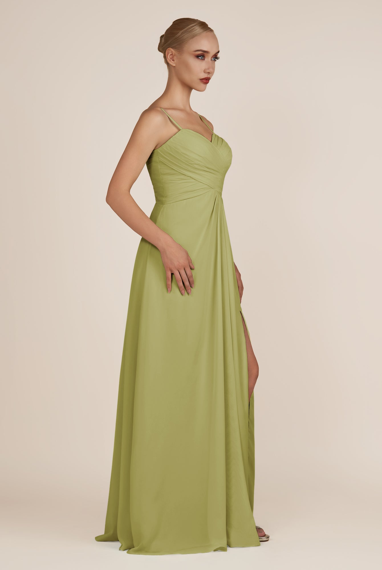 KissDress-Ysolina Moss Green A Line Sweetheart Chiffon Pleated Long Bridesmaid Dress with Slit