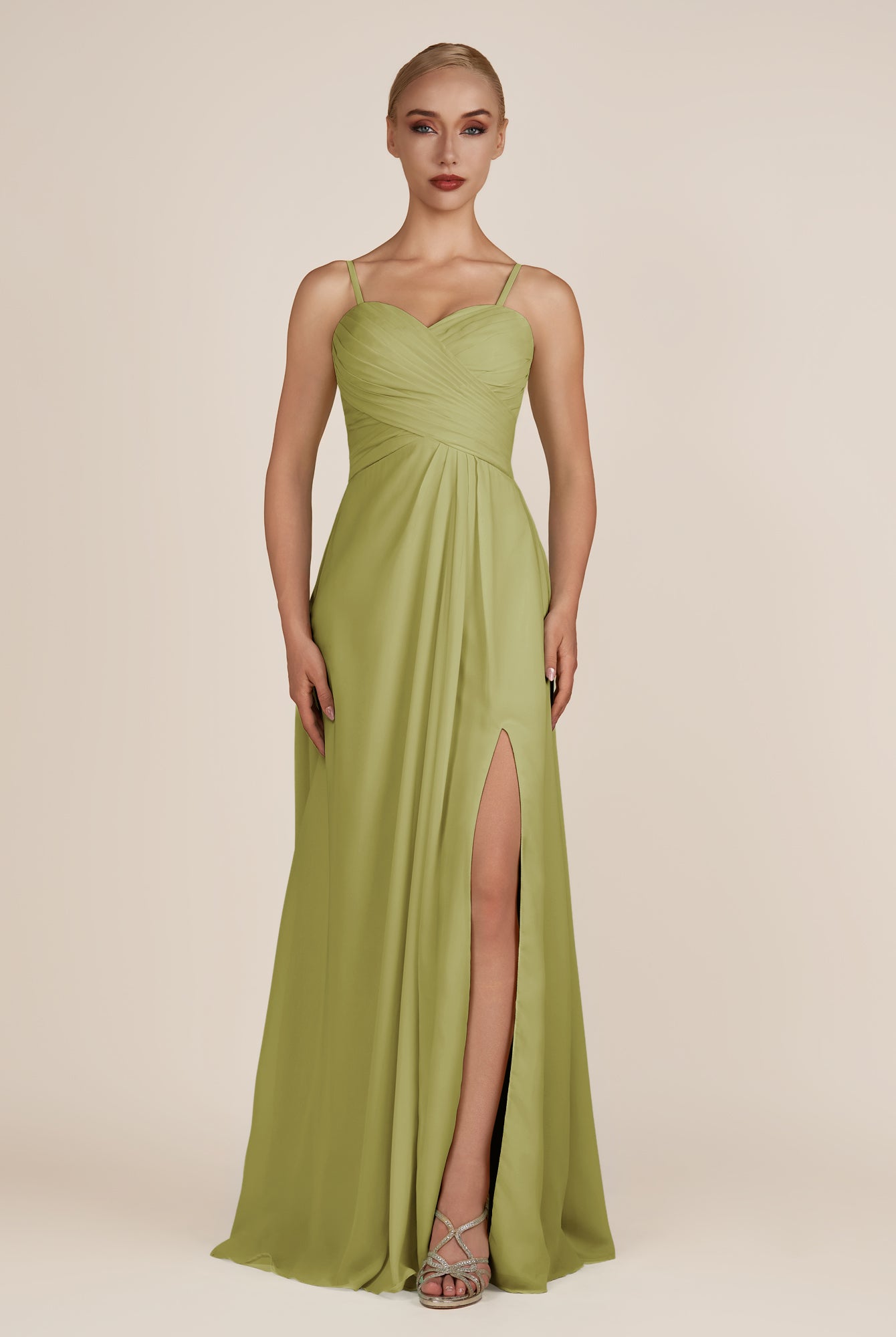 KissDress-Ysolina Moss Green A Line Sweetheart Chiffon Pleated Long Bridesmaid Dress with Slit