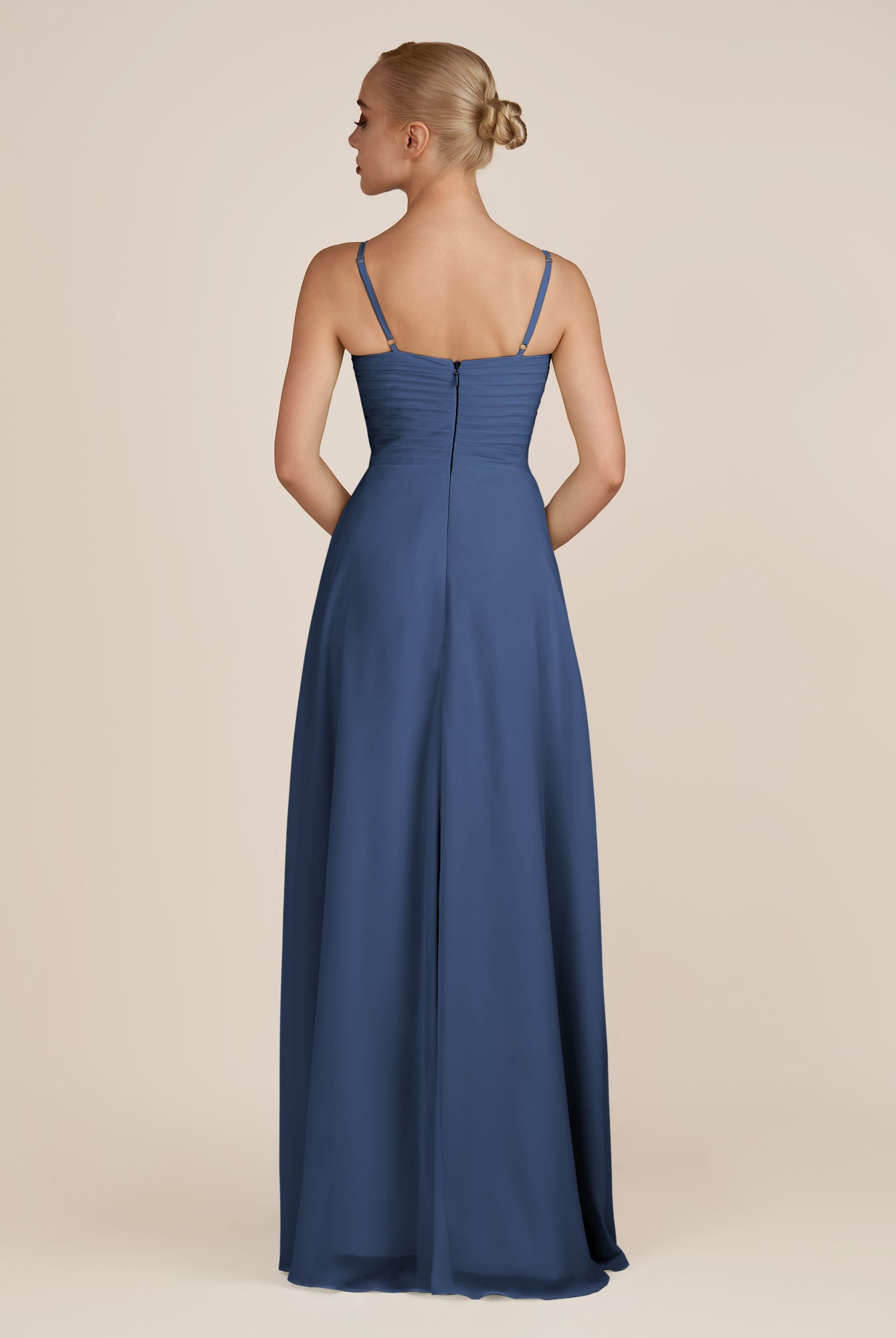 KissDress-Ysolina Navy A Line Sweetheart Chiffon Pleated Long Bridesmaid Dress with Slit