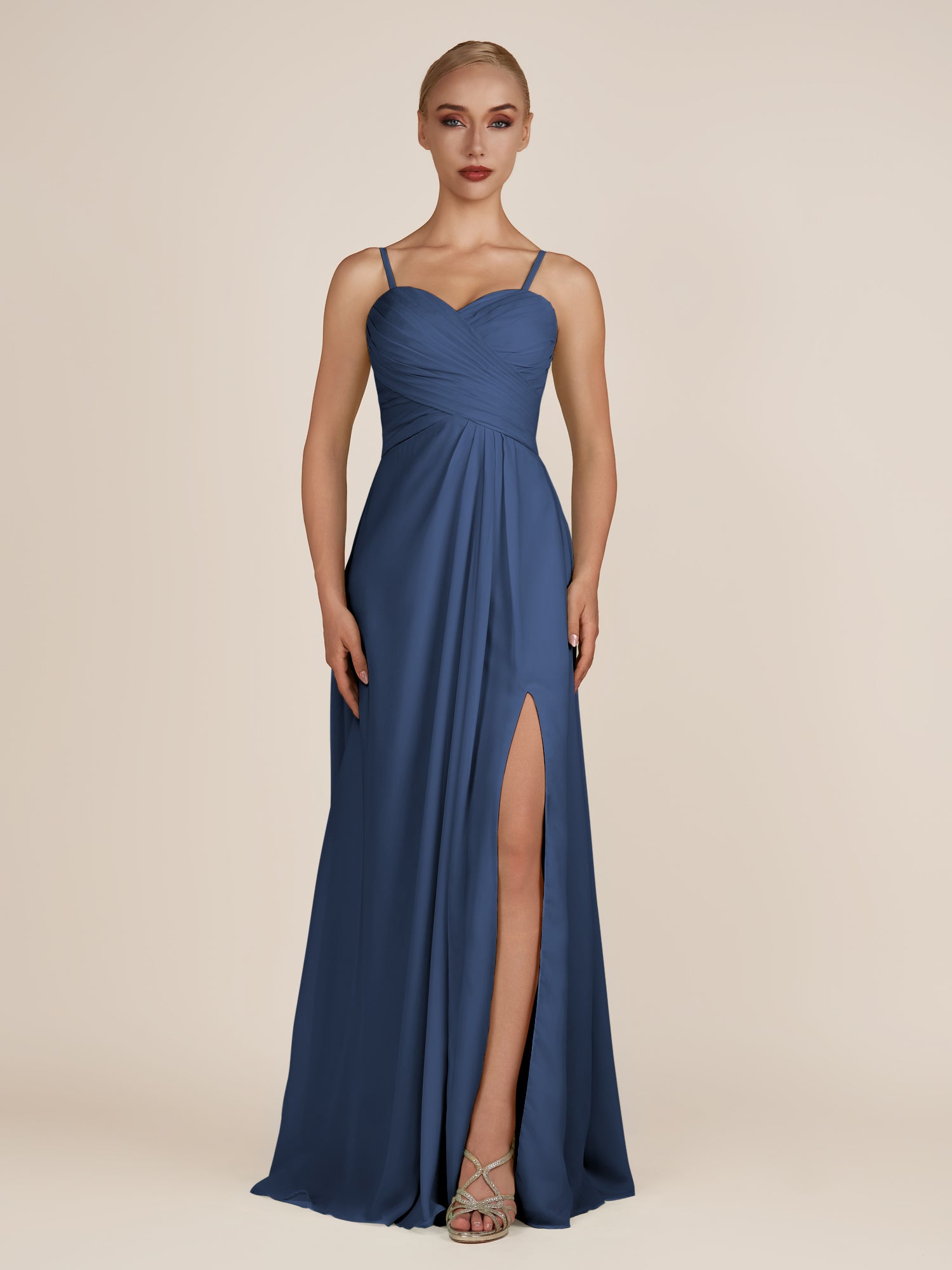 KissDress-Ysolina Navy A Line Sweetheart Chiffon Pleated Long Bridesmaid Dress with Slit