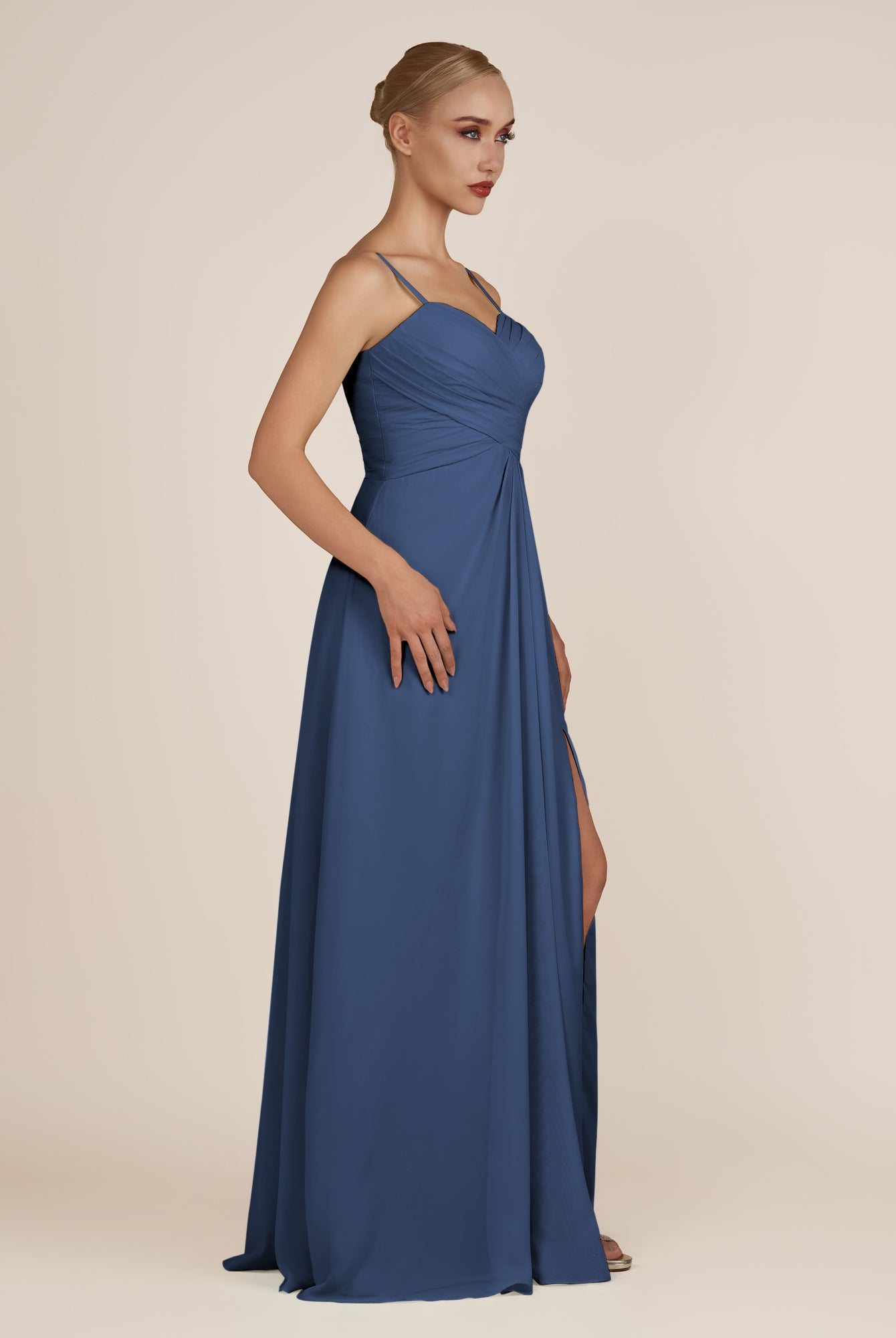 KissDress-Ysolina Navy A Line Sweetheart Chiffon Pleated Long Bridesmaid Dress with Slit