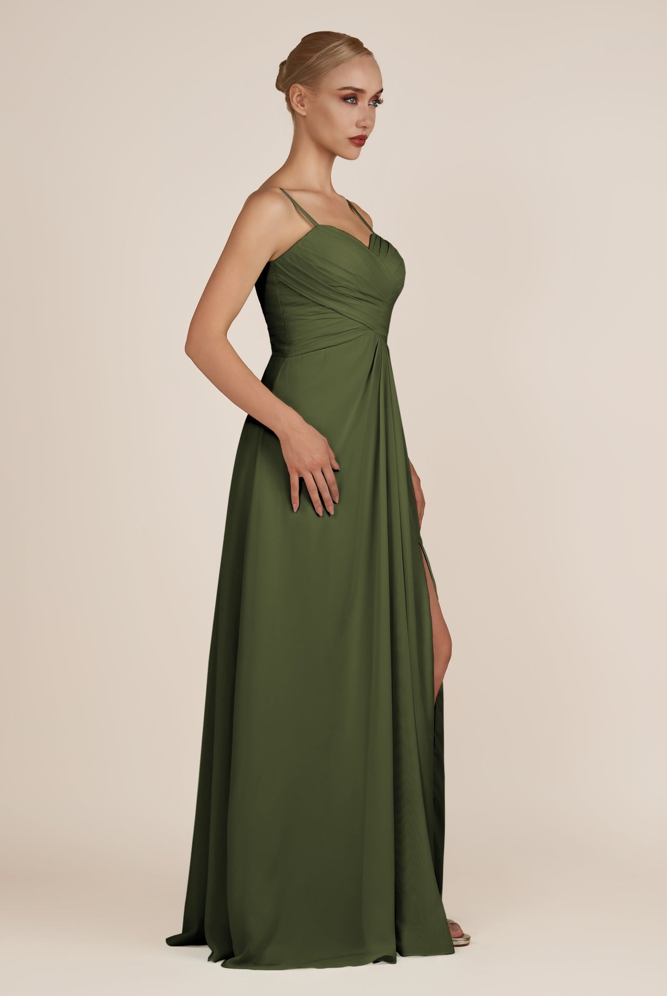 KissDress-Ysolina Olive A Line Sweetheart Chiffon Pleated Long Bridesmaid Dress with Slit