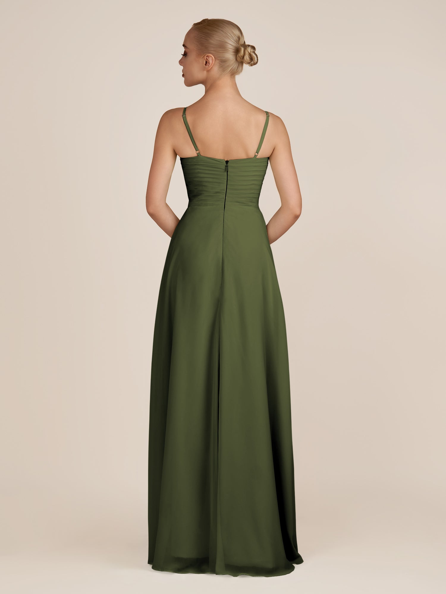 KissDress-Ysolina Olive A Line Sweetheart Chiffon Pleated Long Bridesmaid Dress with Slit