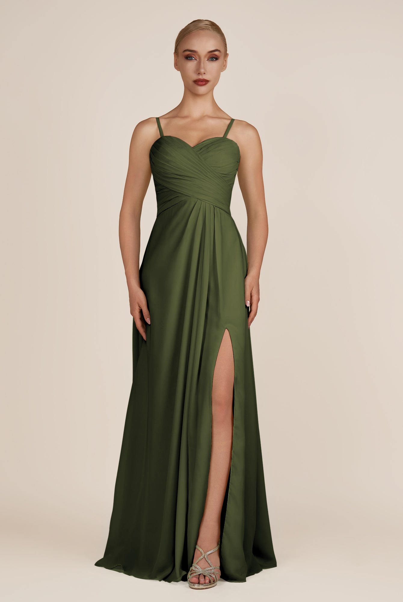 KissDress-Ysolina Olive A Line Sweetheart Chiffon Pleated Long Bridesmaid Dress with Slit