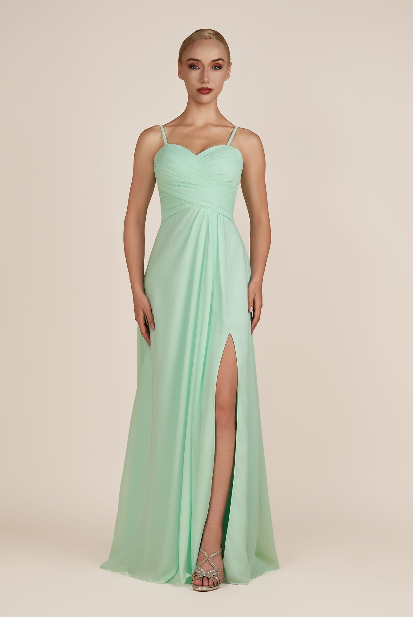 KissDress-Ysolina Pale Pistachio A Line Sweetheart Chiffon Pleated Long Bridesmaid Dress with Slit
