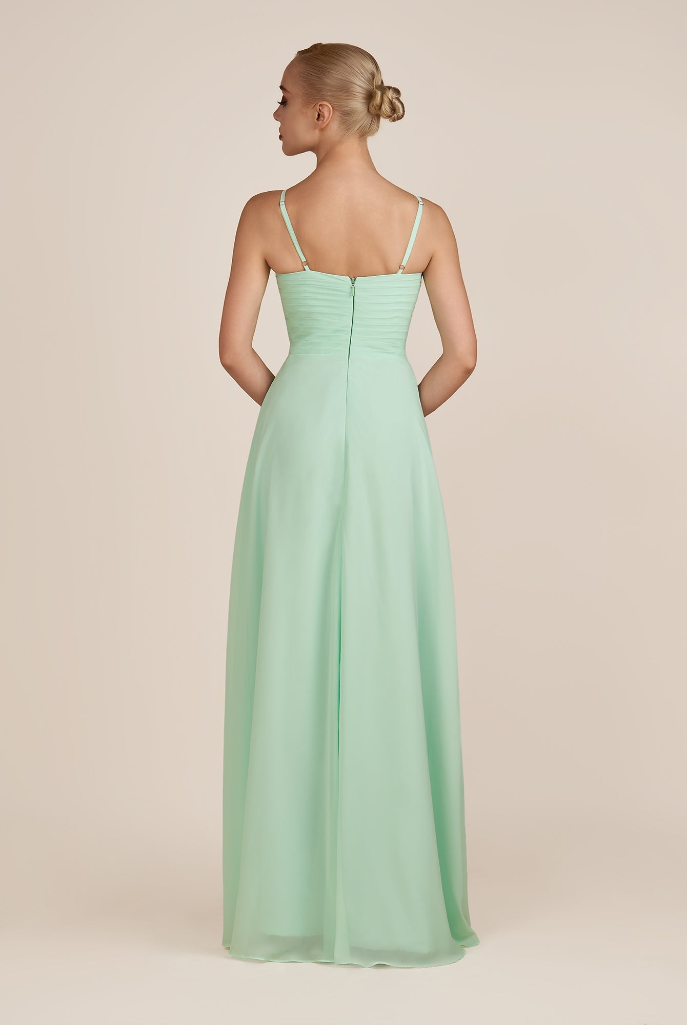 KissDress-Ysolina Pale Pistachio A Line Sweetheart Chiffon Pleated Long Bridesmaid Dress with Slit