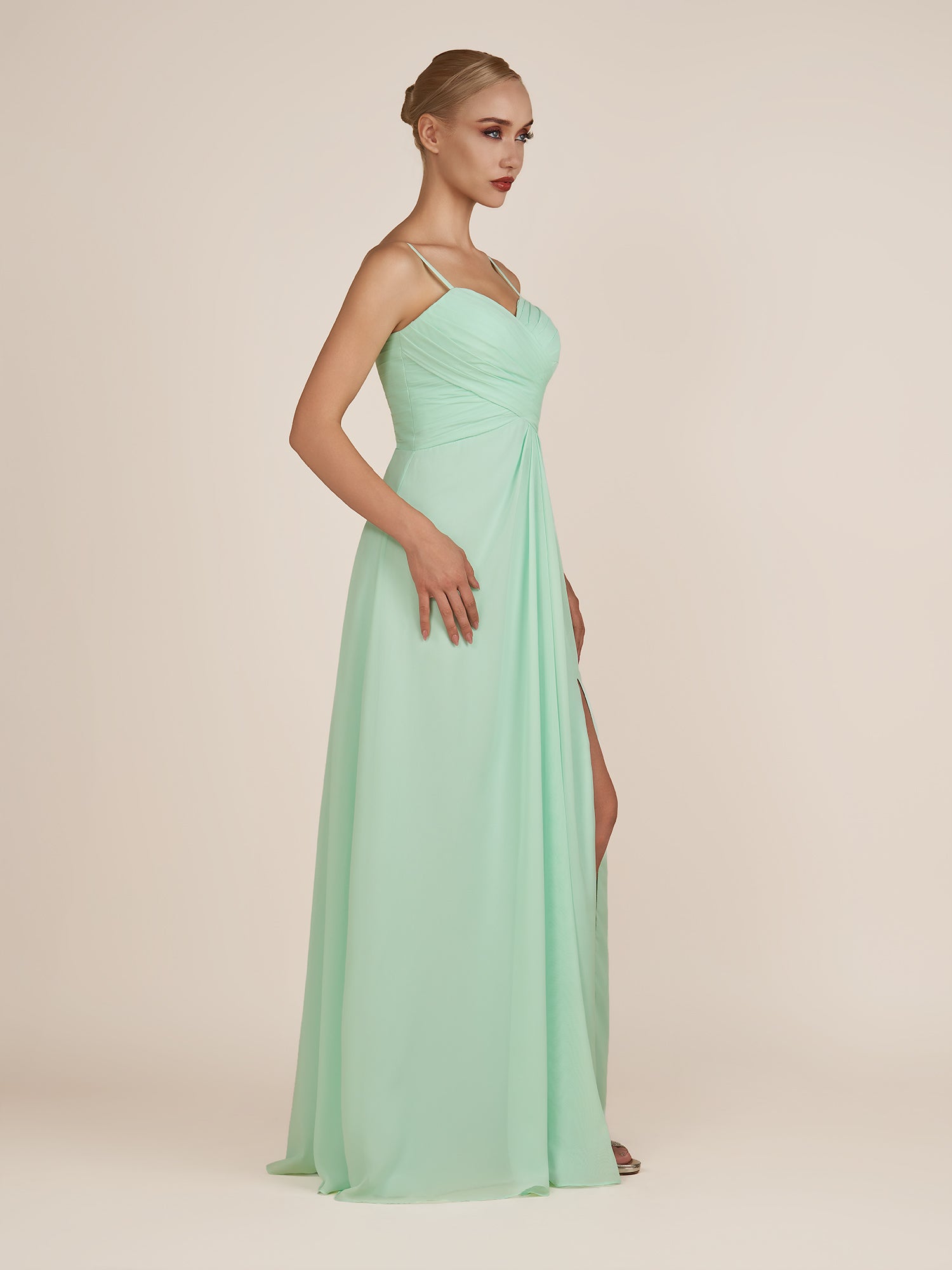 KissDress-Ysolina Pale Pistachio A Line Sweetheart Chiffon Pleated Long Bridesmaid Dress with Slit