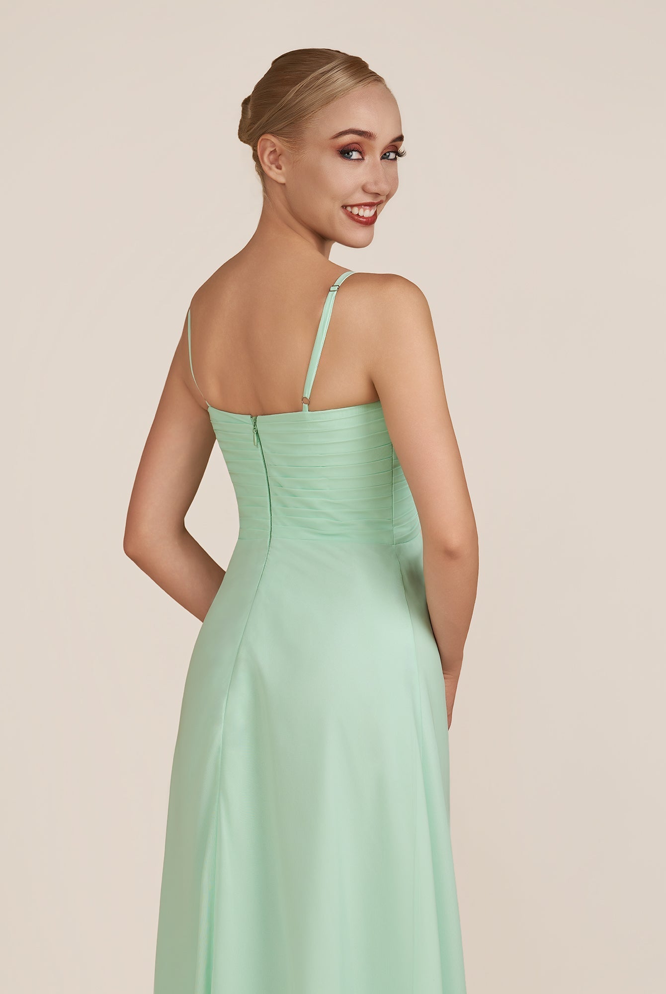 KissDress-Ysolina Pale Pistachio A Line Sweetheart Chiffon Pleated Long Bridesmaid Dress with Slit