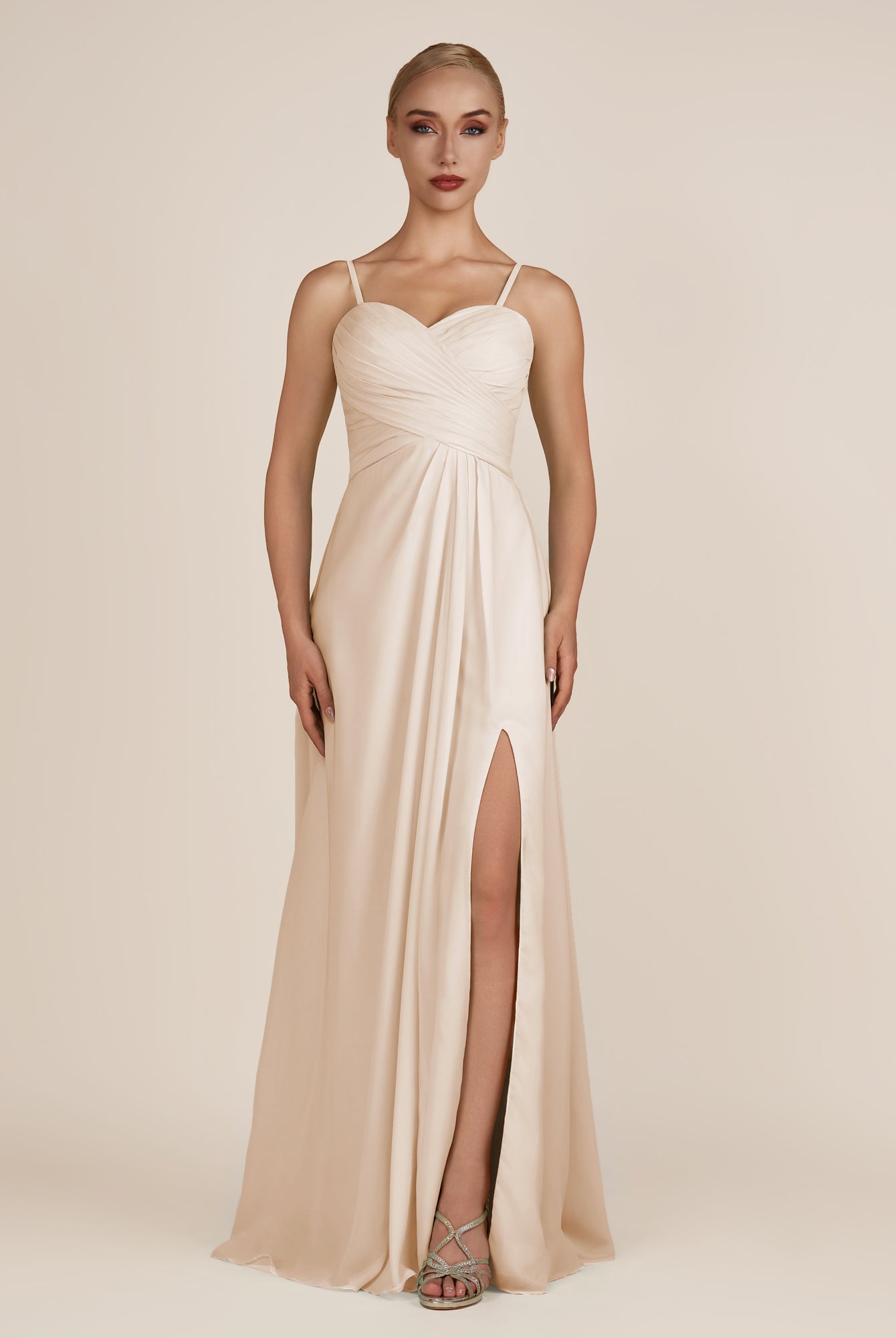 KissDress-Ysolina Pale Blush A Line Sweetheart Chiffon Pleated Long Bridesmaid Dress with Slit