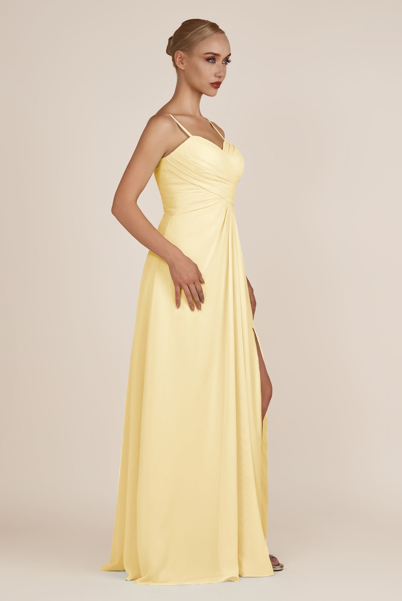 KissDress-Ysolina Pastel Yellow A Line Sweetheart Chiffon Pleated Long Bridesmaid Dress with Slit