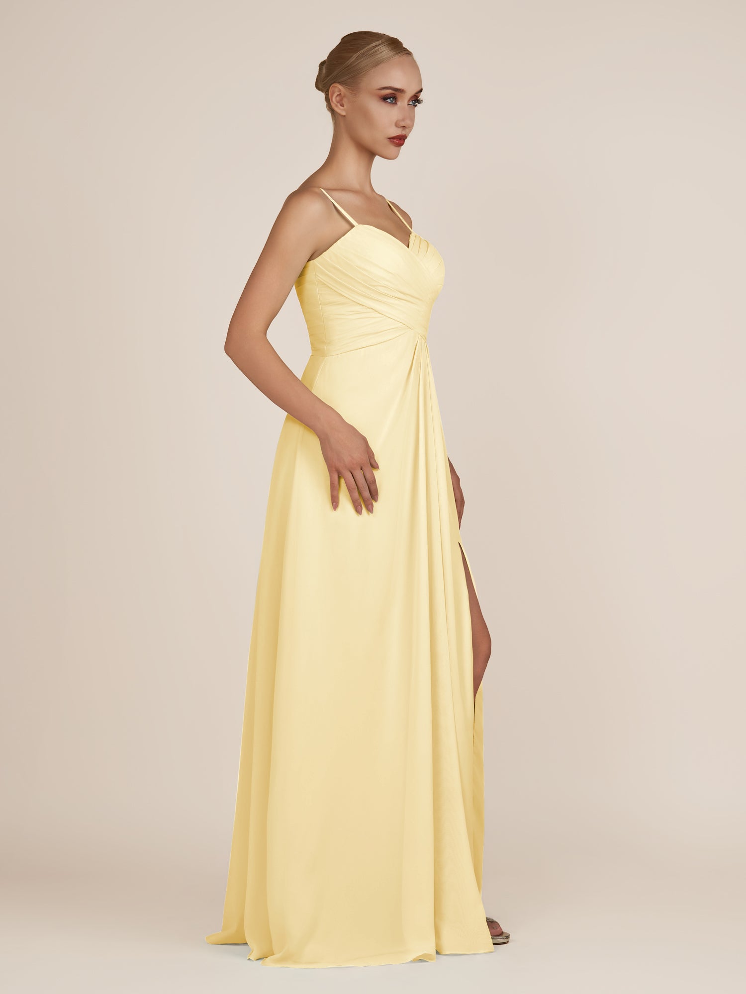 KissDress-Ysolina Pastel Yellow A Line Sweetheart Chiffon Pleated Long Bridesmaid Dress with Slit