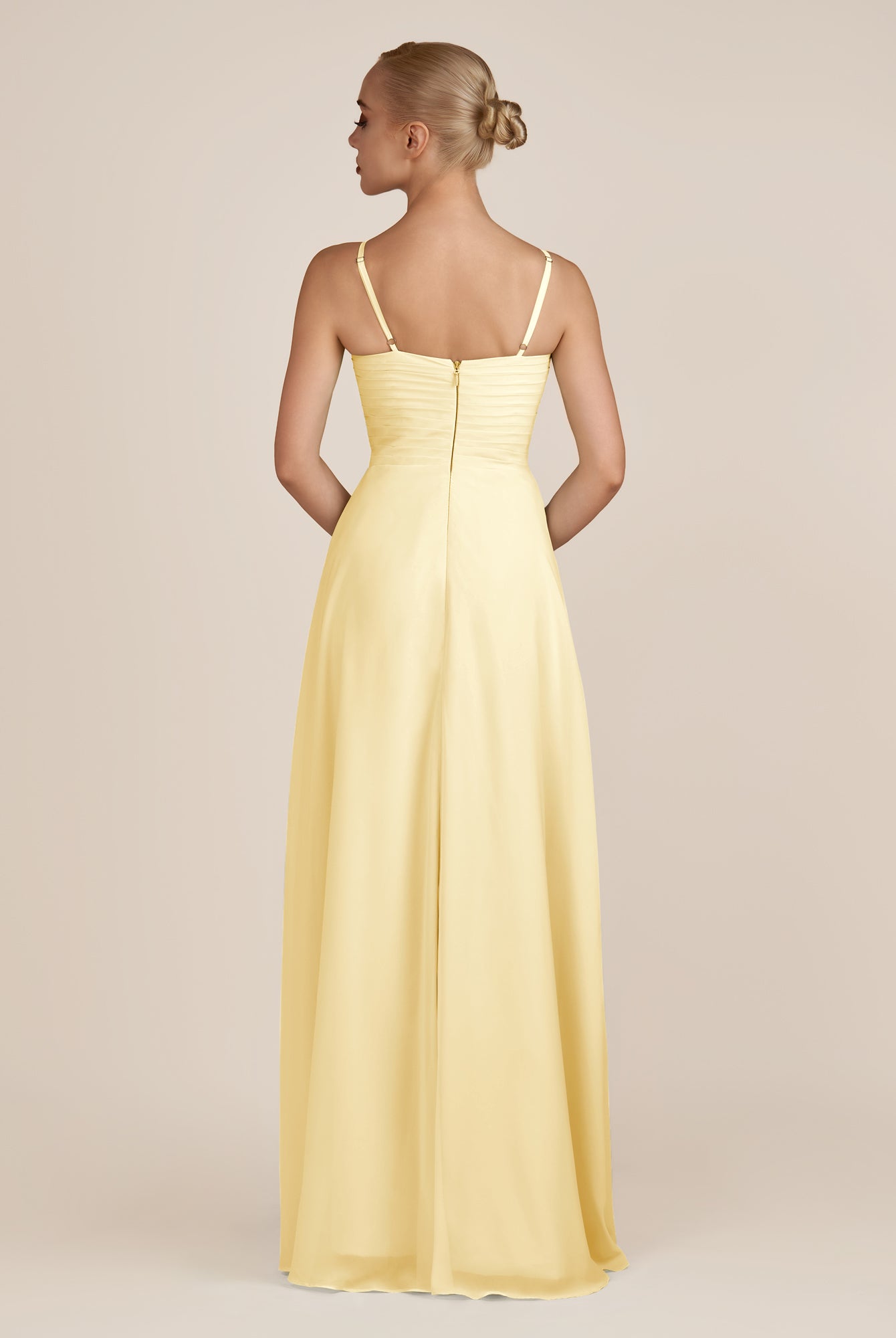 KissDress-Ysolina Pastel Yellow A Line Sweetheart Chiffon Pleated Long Bridesmaid Dress with Slit
