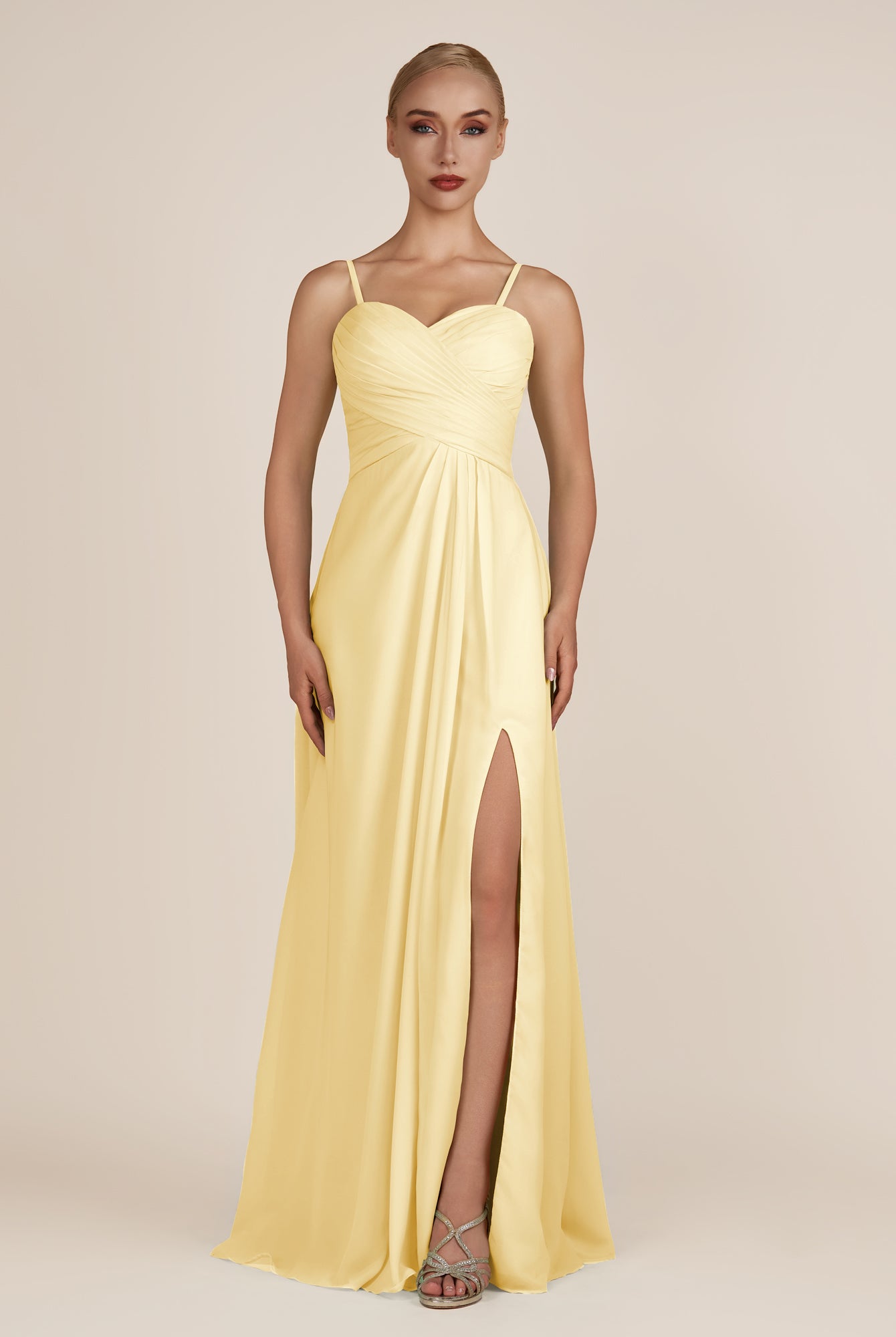 KissDress-Ysolina Pastel Yellow A Line Sweetheart Chiffon Pleated Long Bridesmaid Dress with Slit