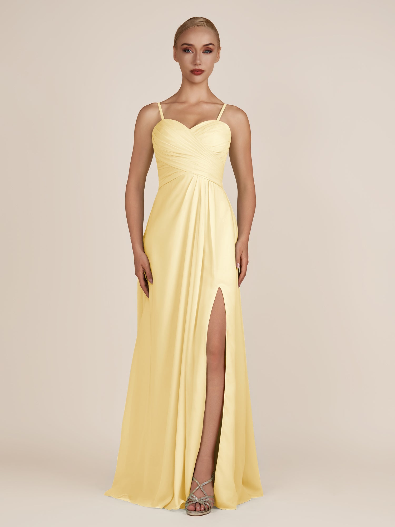 KissDress-Ysolina Pastel Yellow A Line Sweetheart Chiffon Pleated Long Bridesmaid Dress with Slit