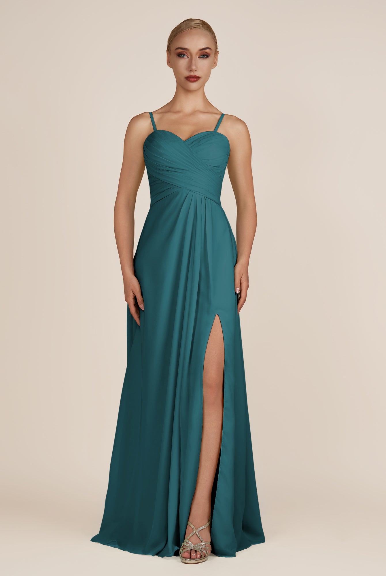 KissDress-Ysolina Pine A Line Sweetheart Chiffon Pleated Long Bridesmaid Dress with Slit