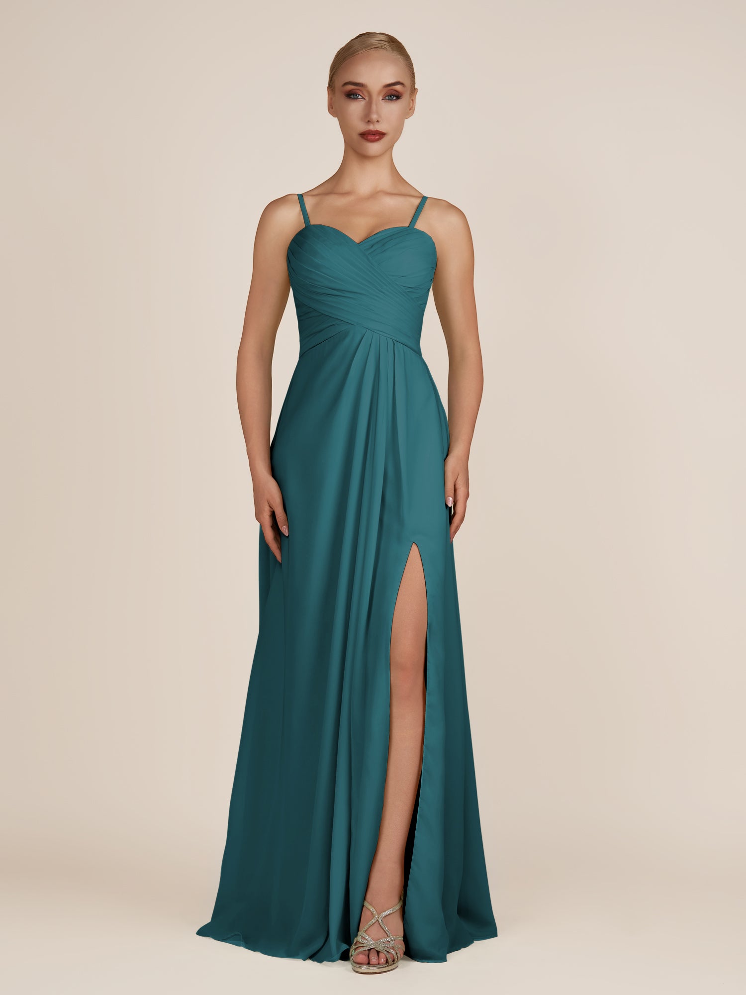 KissDress-Ysolina Pine A Line Sweetheart Chiffon Pleated Long Bridesmaid Dress with Slit
