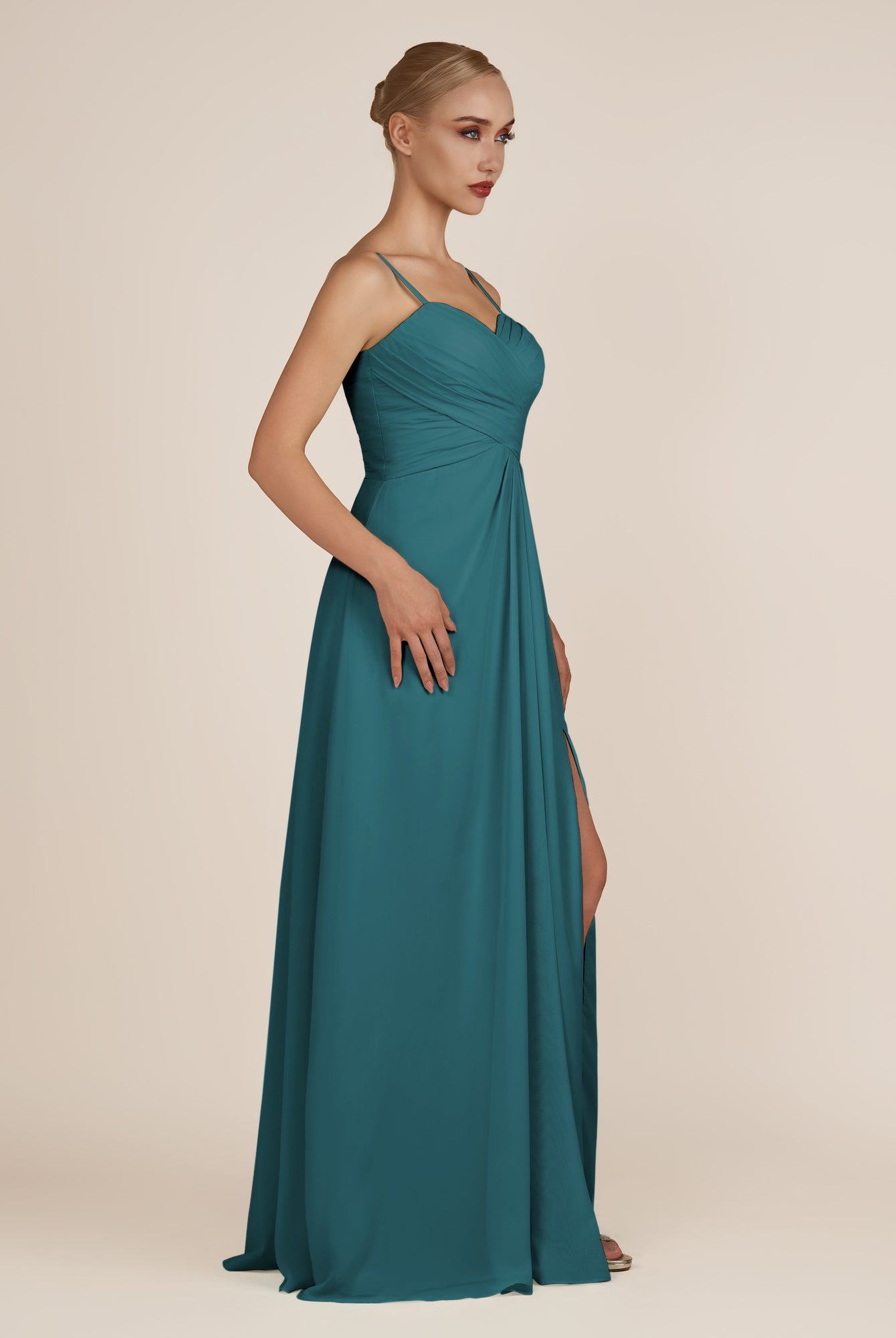 KissDress-Ysolina Pine A Line Sweetheart Chiffon Pleated Long Bridesmaid Dress with Slit