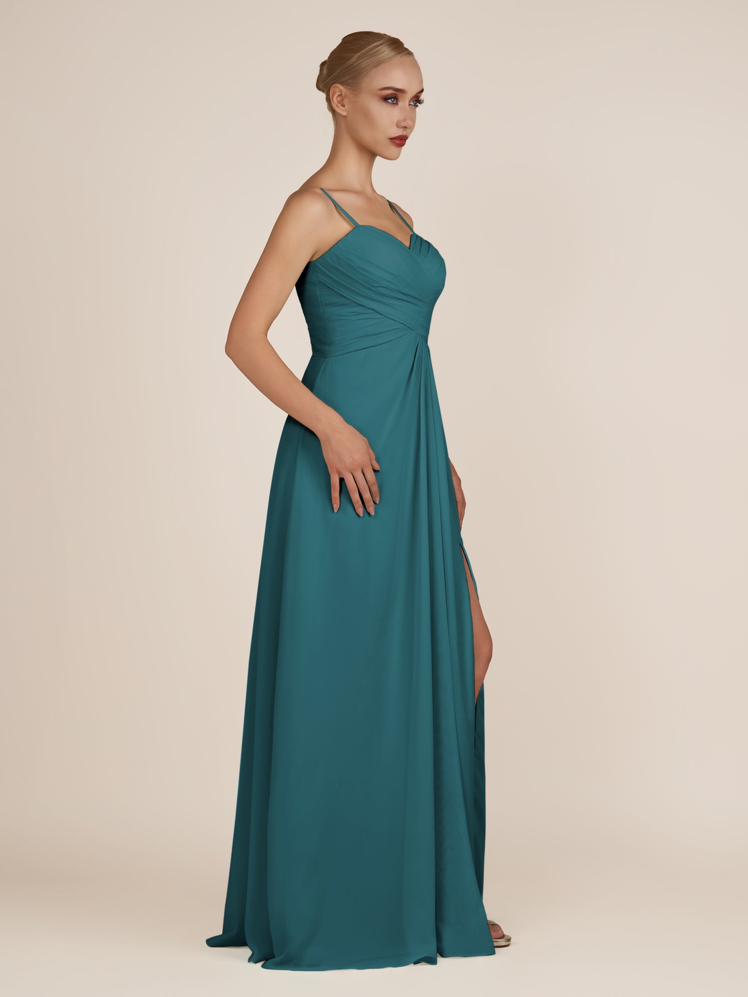 KissDress-Ysolina Pine A Line Sweetheart Chiffon Pleated Long Bridesmaid Dress with Slit